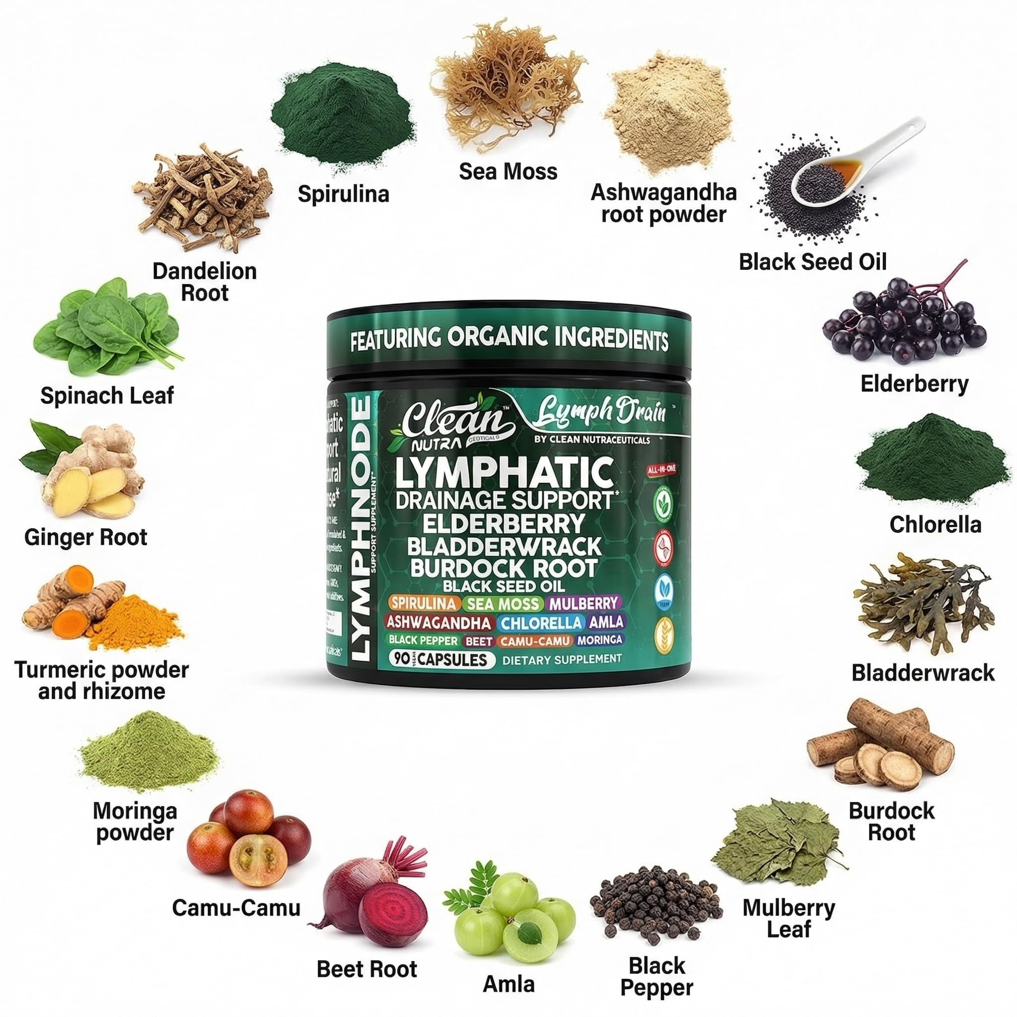 Clean Nutraceuticals etiqueta con lista de ingredientes orgánicos y beneficios claros