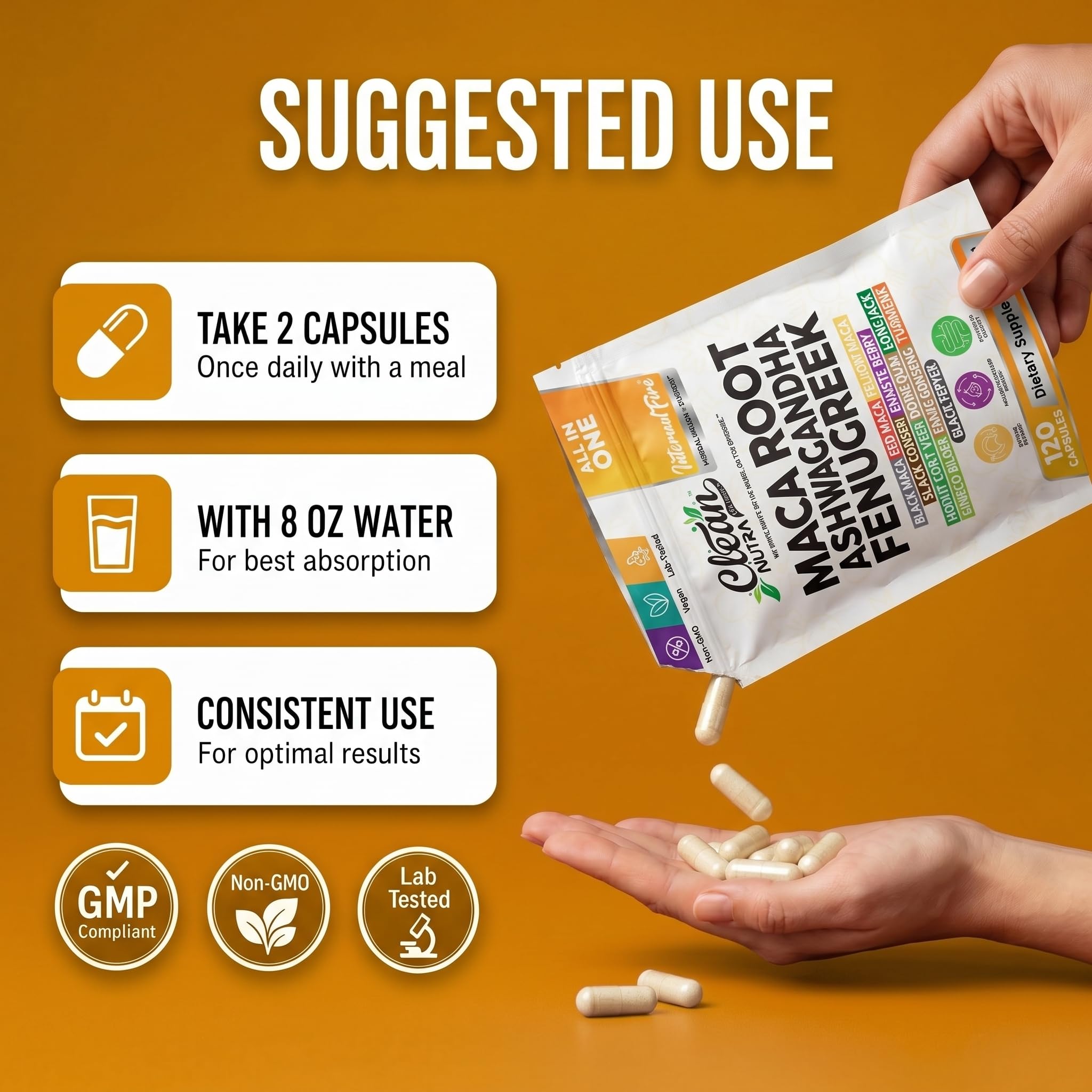 Frasco de Clean Nutraceuticals en mano humana para mostrar tamaño y porciones