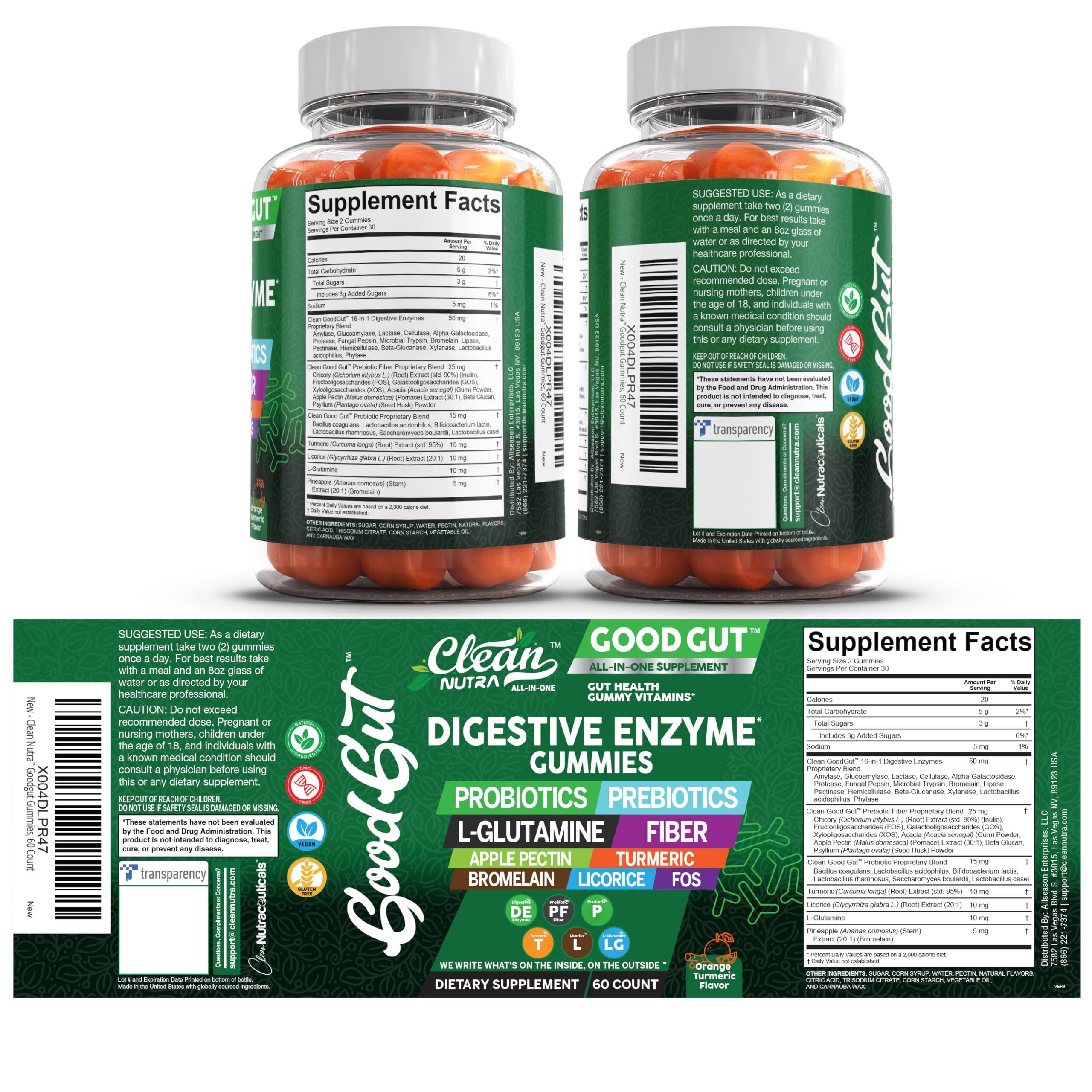 Envase abierto de Clean Nutraceuticals con gominolas dispersas mostrando cantidad y presentación