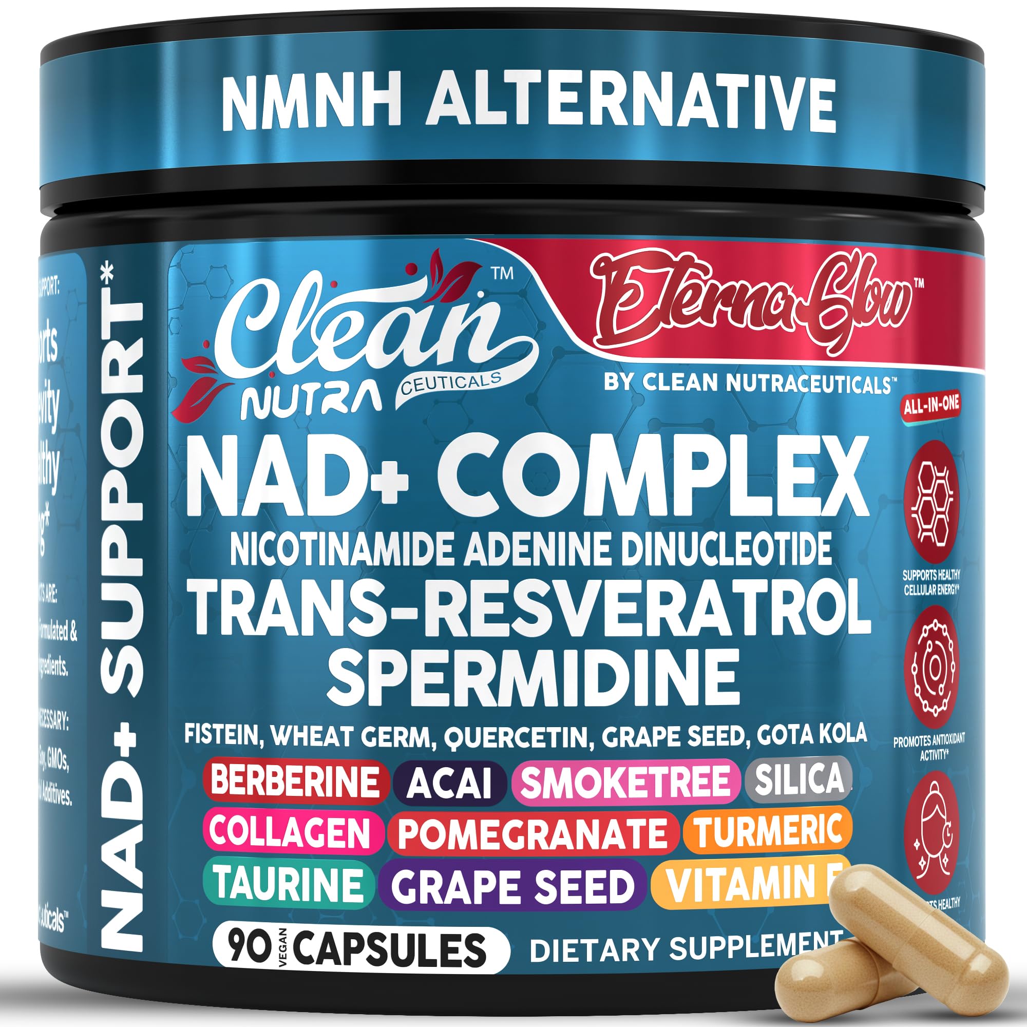 Clean Nutraceuticals frasco EternaGlow frontal mostrando 90 cápsulas beneficio conveniencia diaria