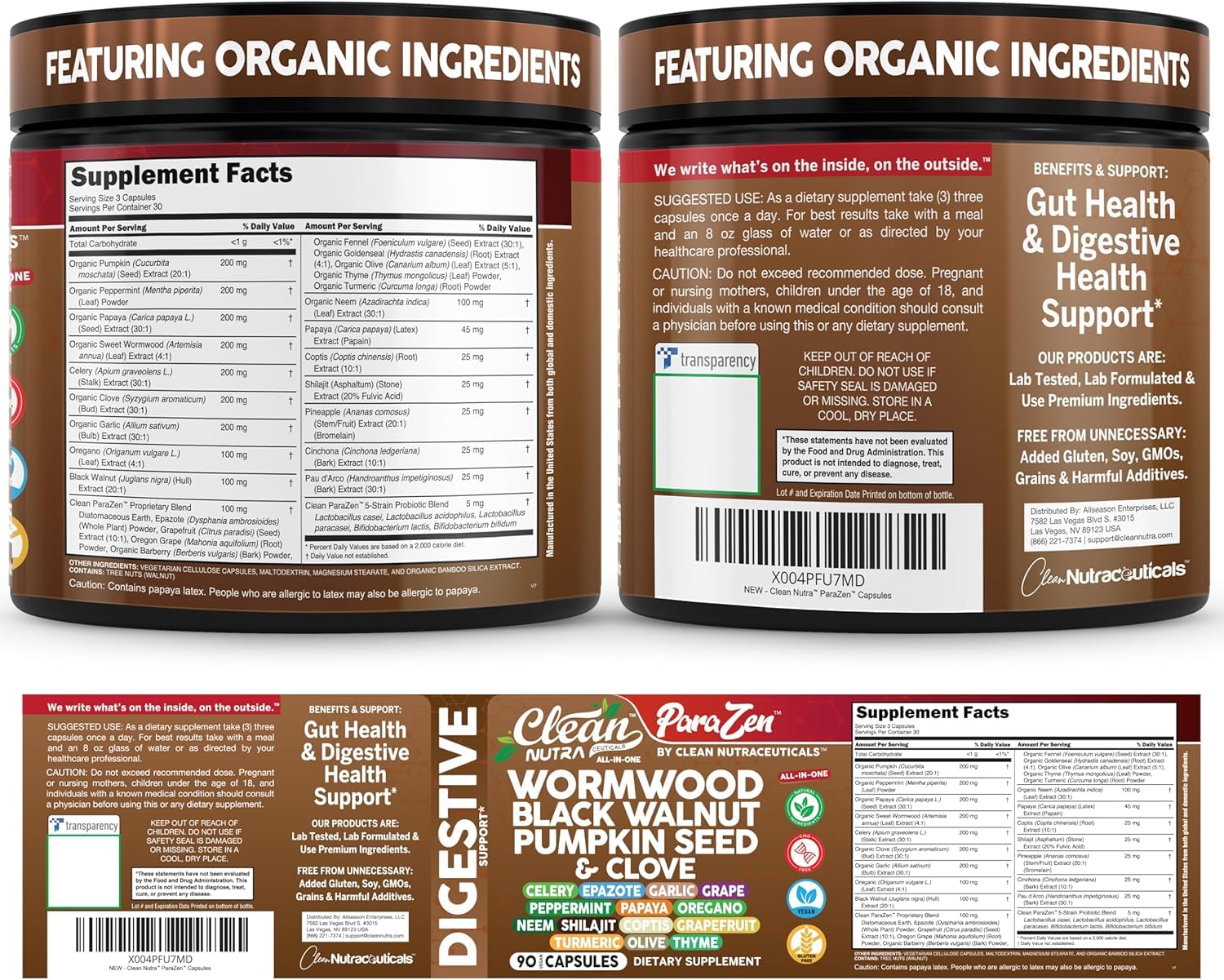 Clean Nutraceuticals etiqueta con detalles de ingredientes y control de calidad