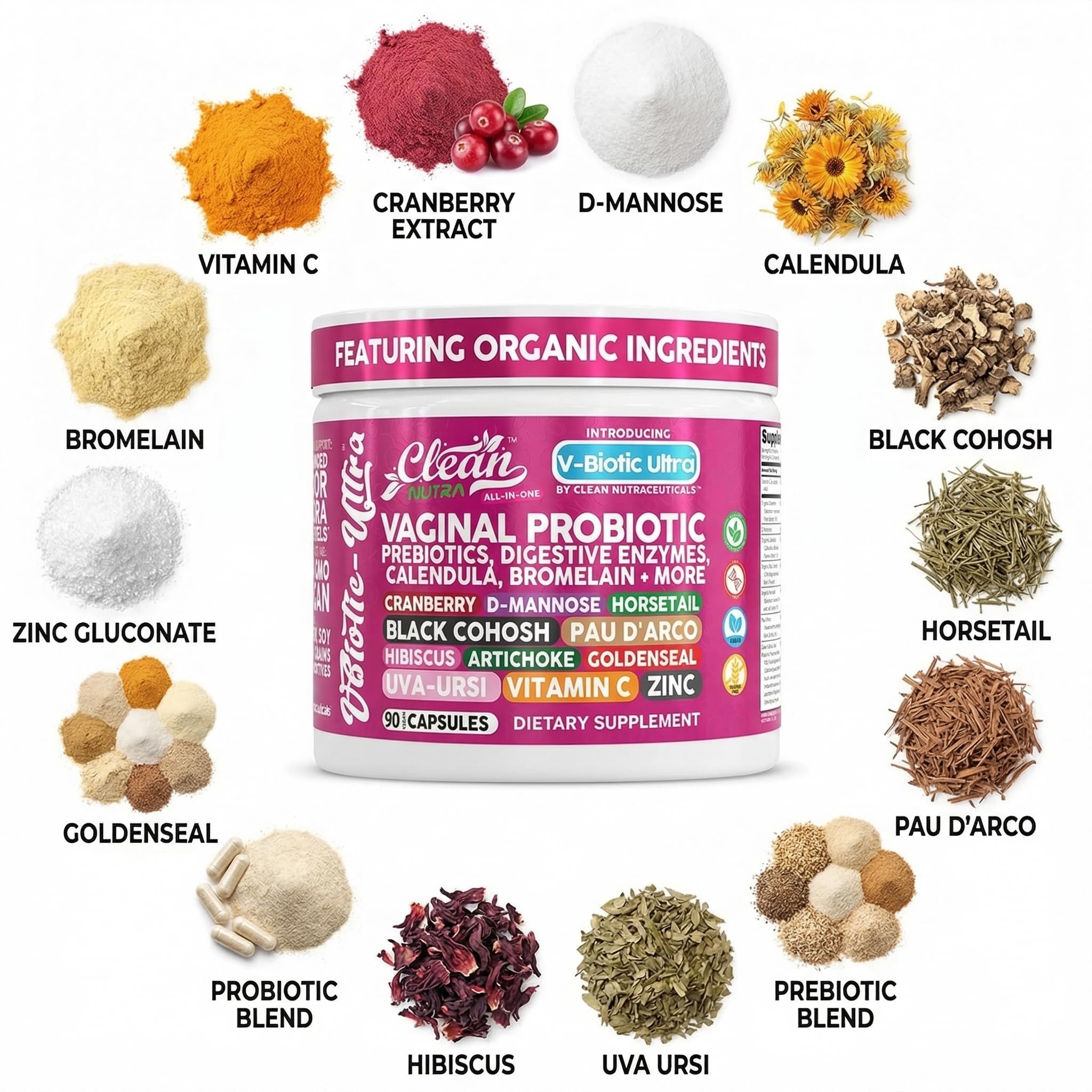 Clean Nutraceuticals etiqueta con lista de ingredientes clave y ventajas