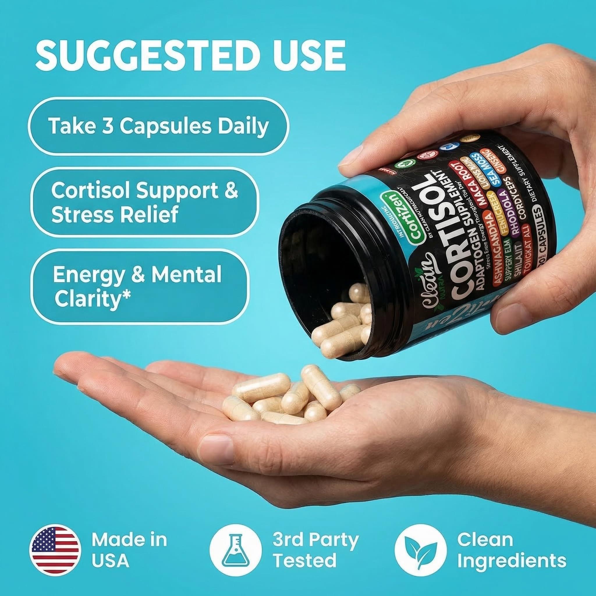 Clean Nutraceuticals etiqueta nutricional con lista de adaptógenos y dosis