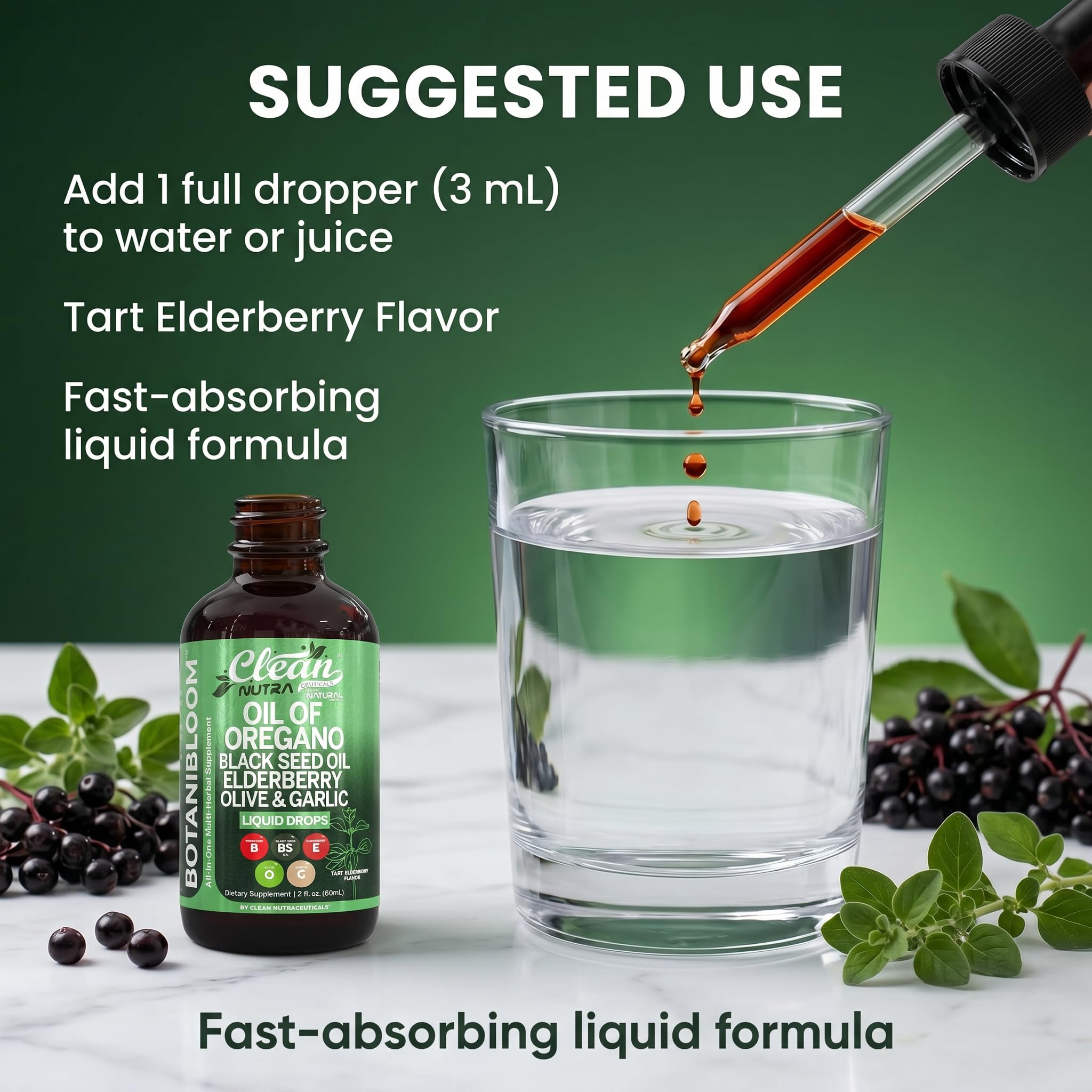 Clean Nutraceuticals frasco junto a saúco, ajo y hojas de olivo naturales