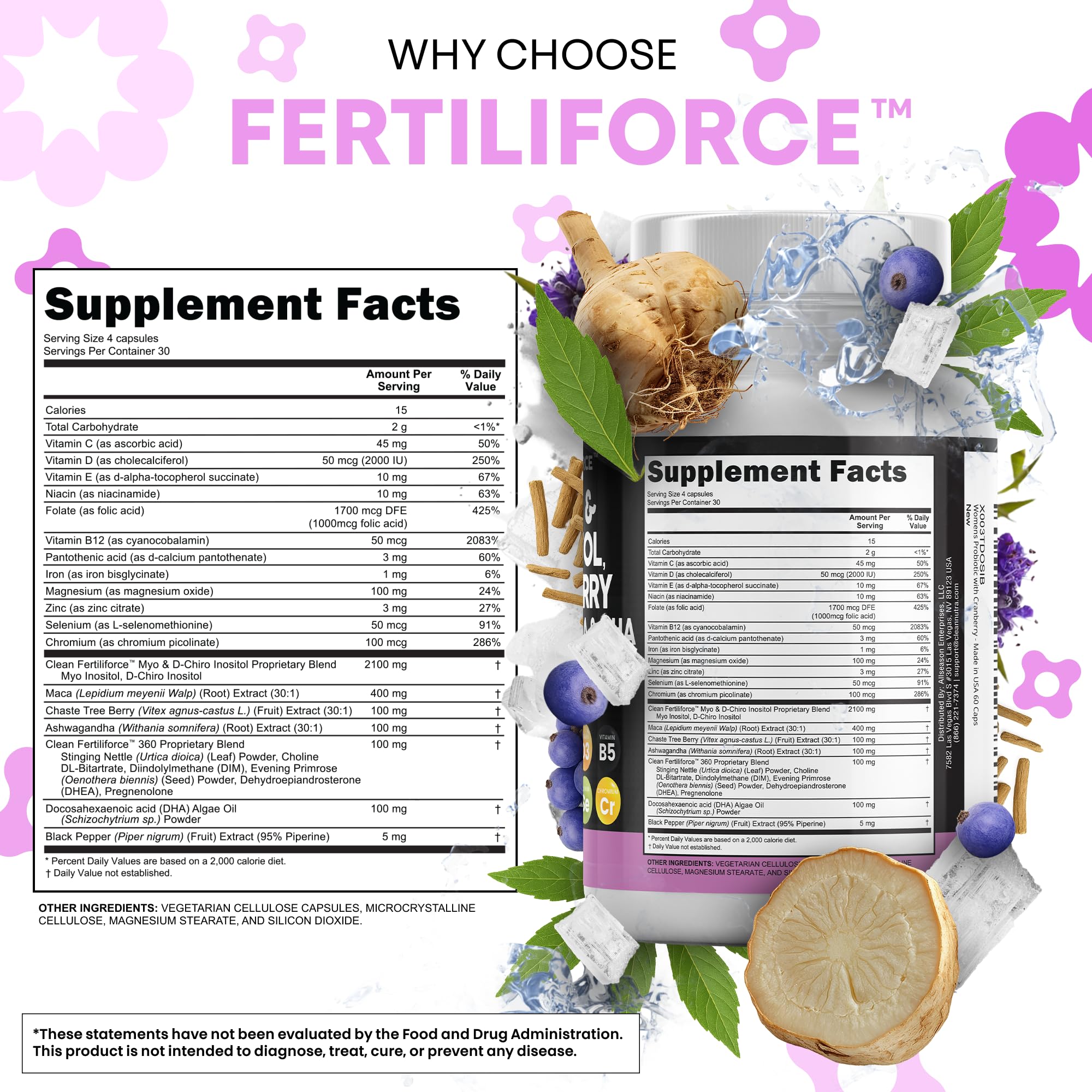 Clean Nutraceuticals frasco junto a raíces de maca y vitex