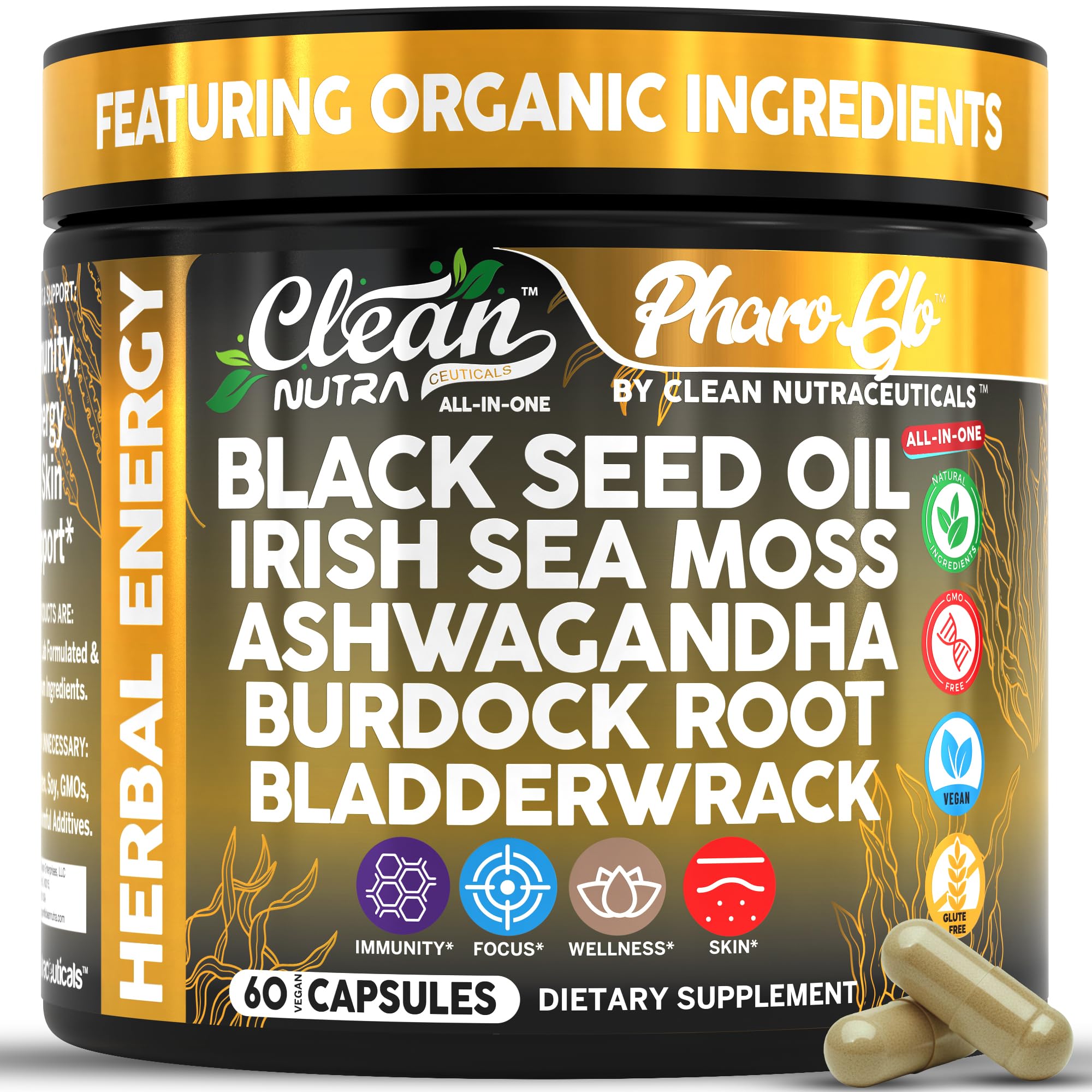 Clean Nutraceuticals frasco del frente mostrando etiqueta y cápsulas