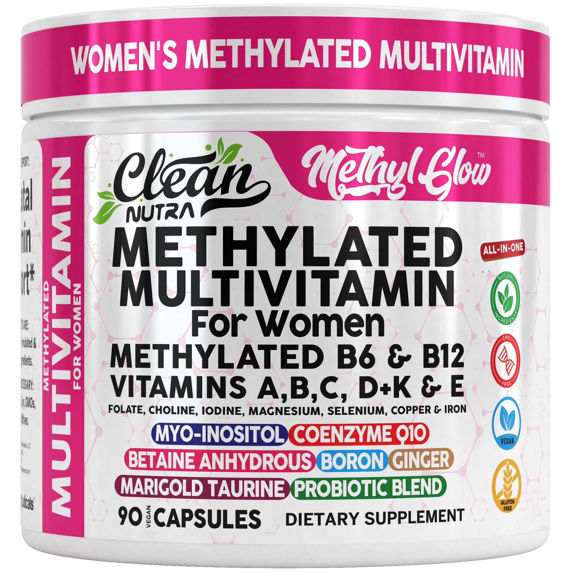 Clean Nutraceuticals frasco frente mostrando diseño y 90 cápsulas, práctico para rutina