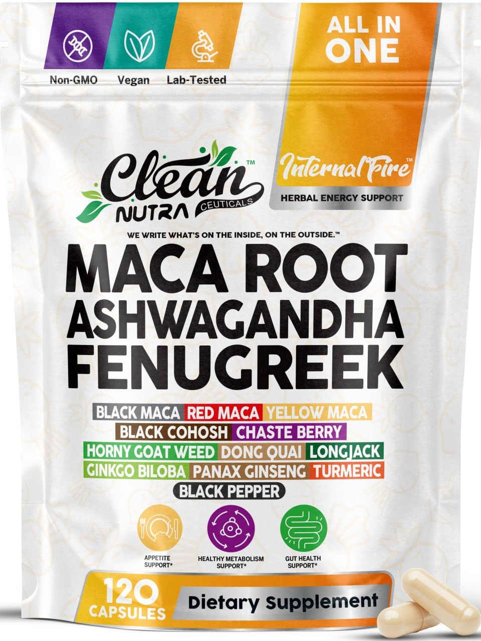 Frasco de Internal Fire de Clean Nutraceuticals frontal mostrando la etiqueta y beneficios