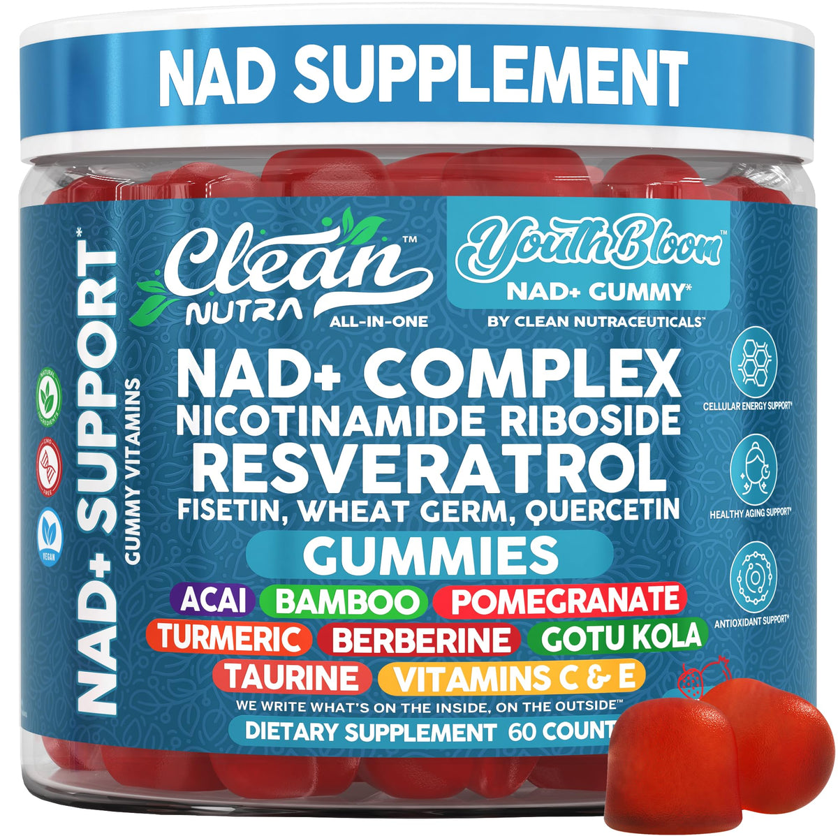 Clean Nutraceuticals frasco frontal mostrando 60 gomitas, presentación práctica y elegante