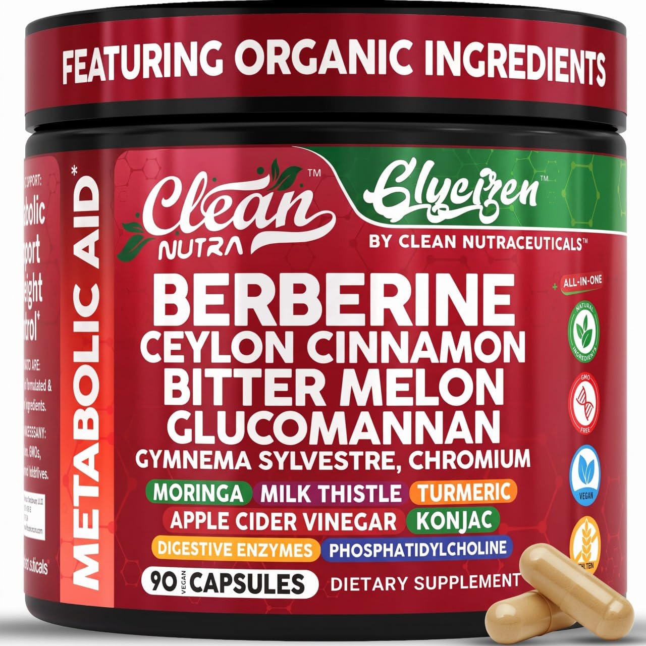 Clean Nutraceuticals frasco GlyciZen vista frontal y beneficios claros