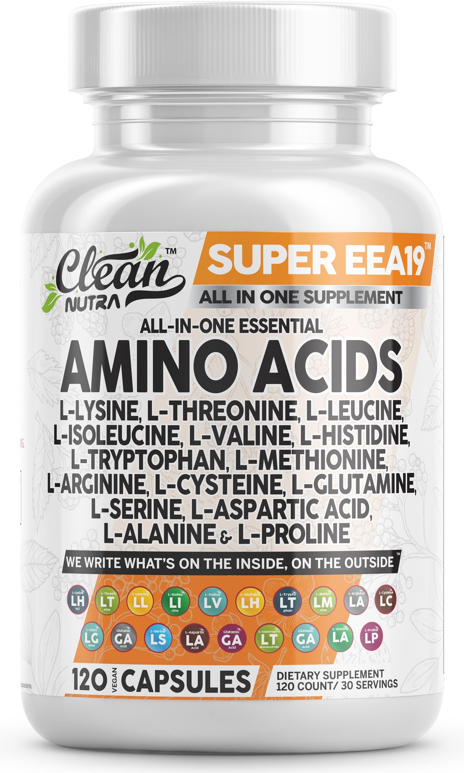 Clean Nutraceuticals frente del envase mostrando mezcla completa de aminoácidos y beneficio de recuperación