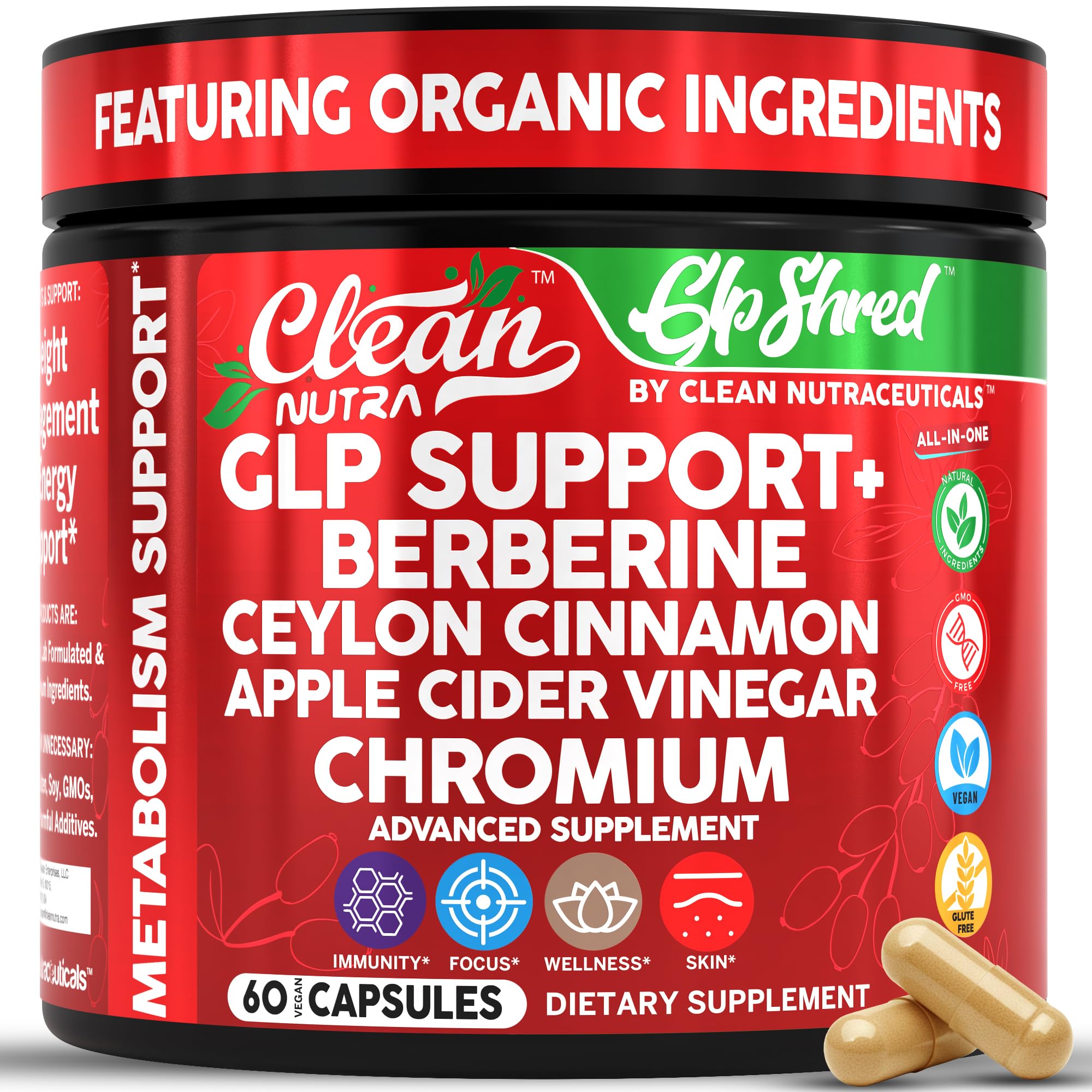Clean Nutraceuticals botella frontal mostrando el diseño y beneficios principales