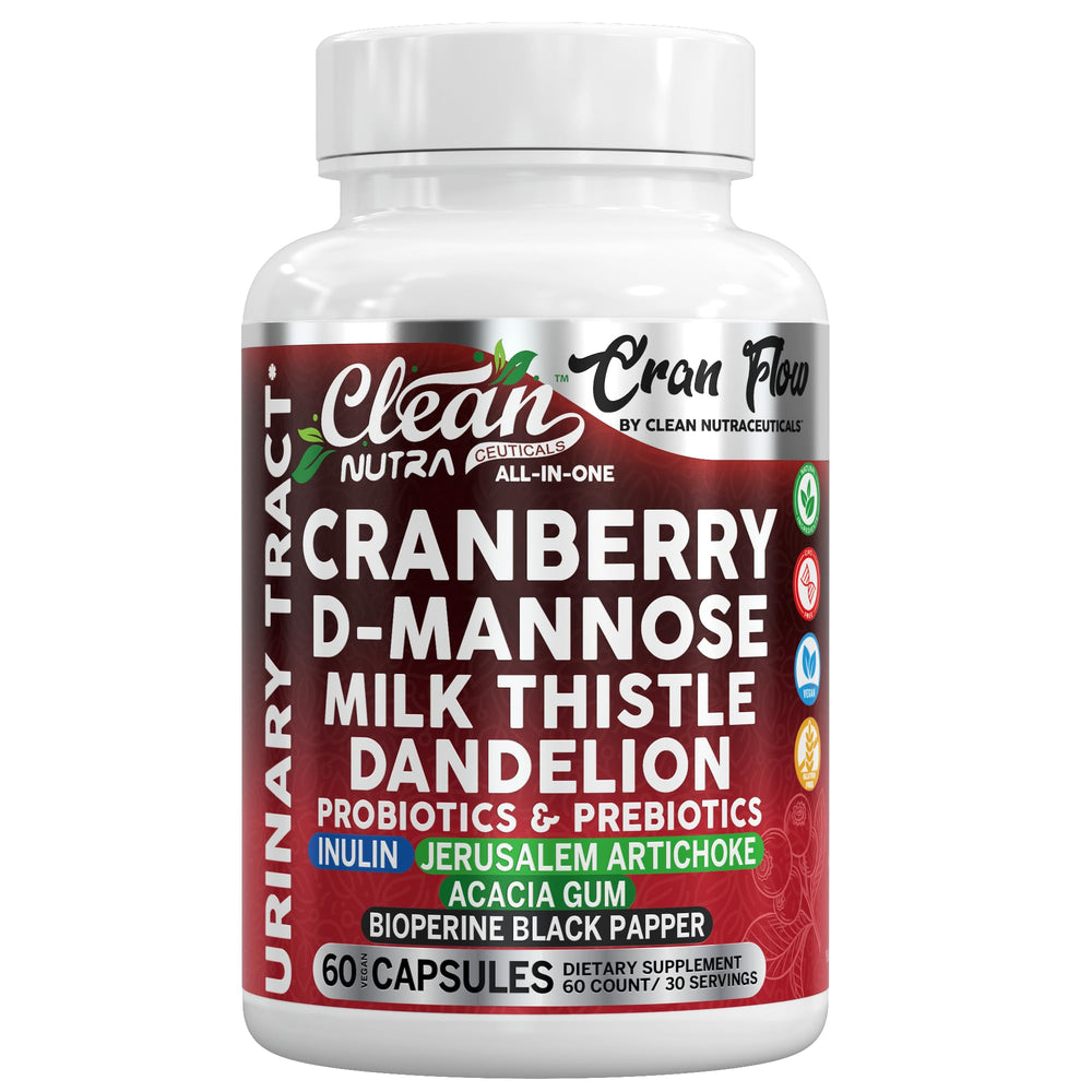 Clean Nutraceuticals frasco frontal mostrando Cran Flow y beneficios de soporte urinario