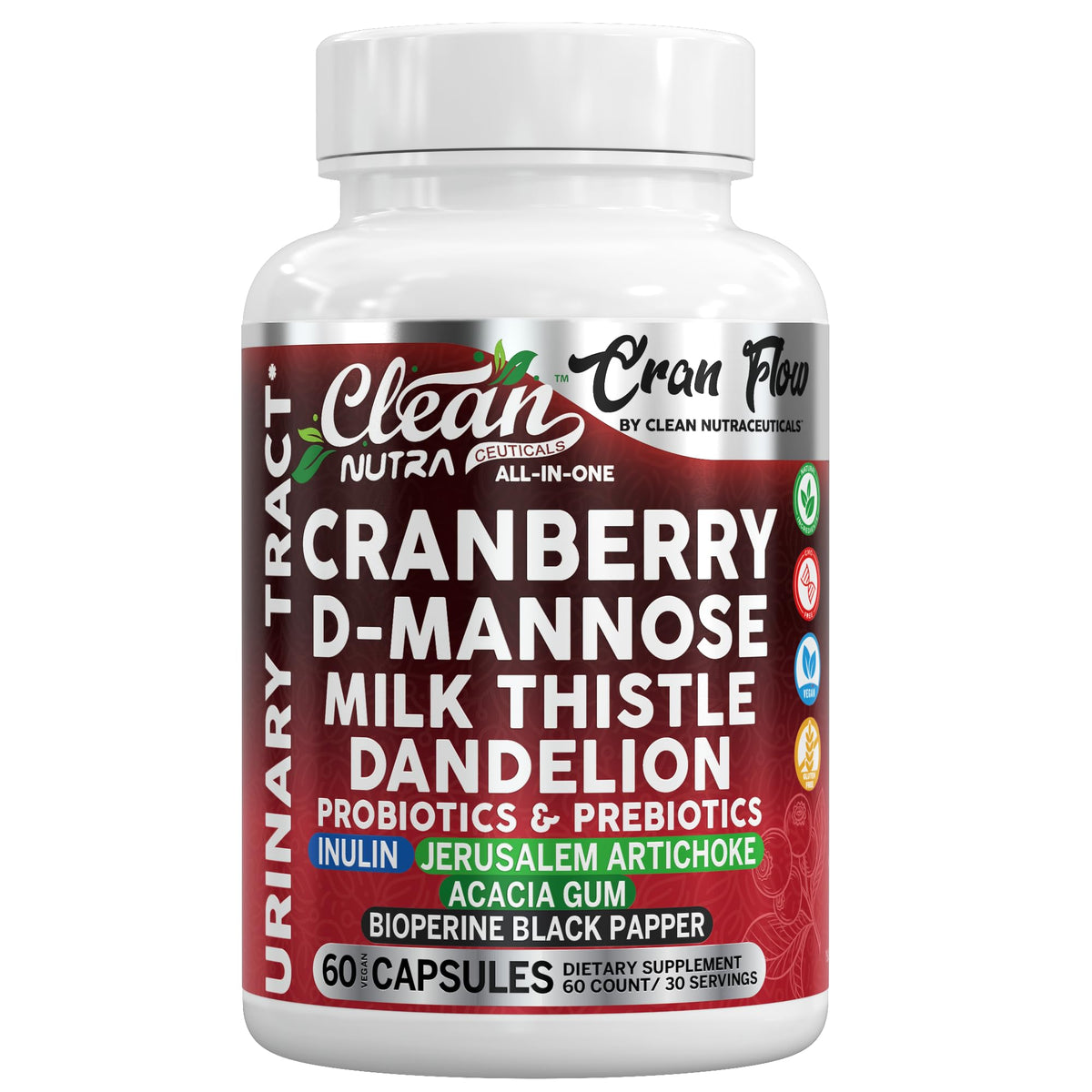 Clean Nutraceuticals frasco frontal mostrando Cran Flow y beneficios de soporte urinario