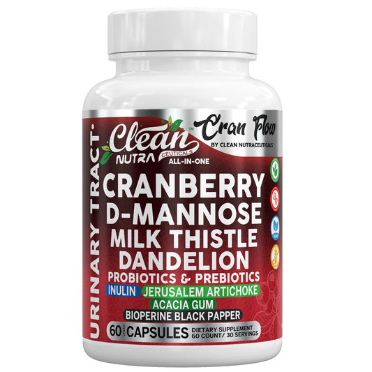 Clean Nutraceuticals frasco frontal mostrando Cran Flow y beneficios de soporte urinario