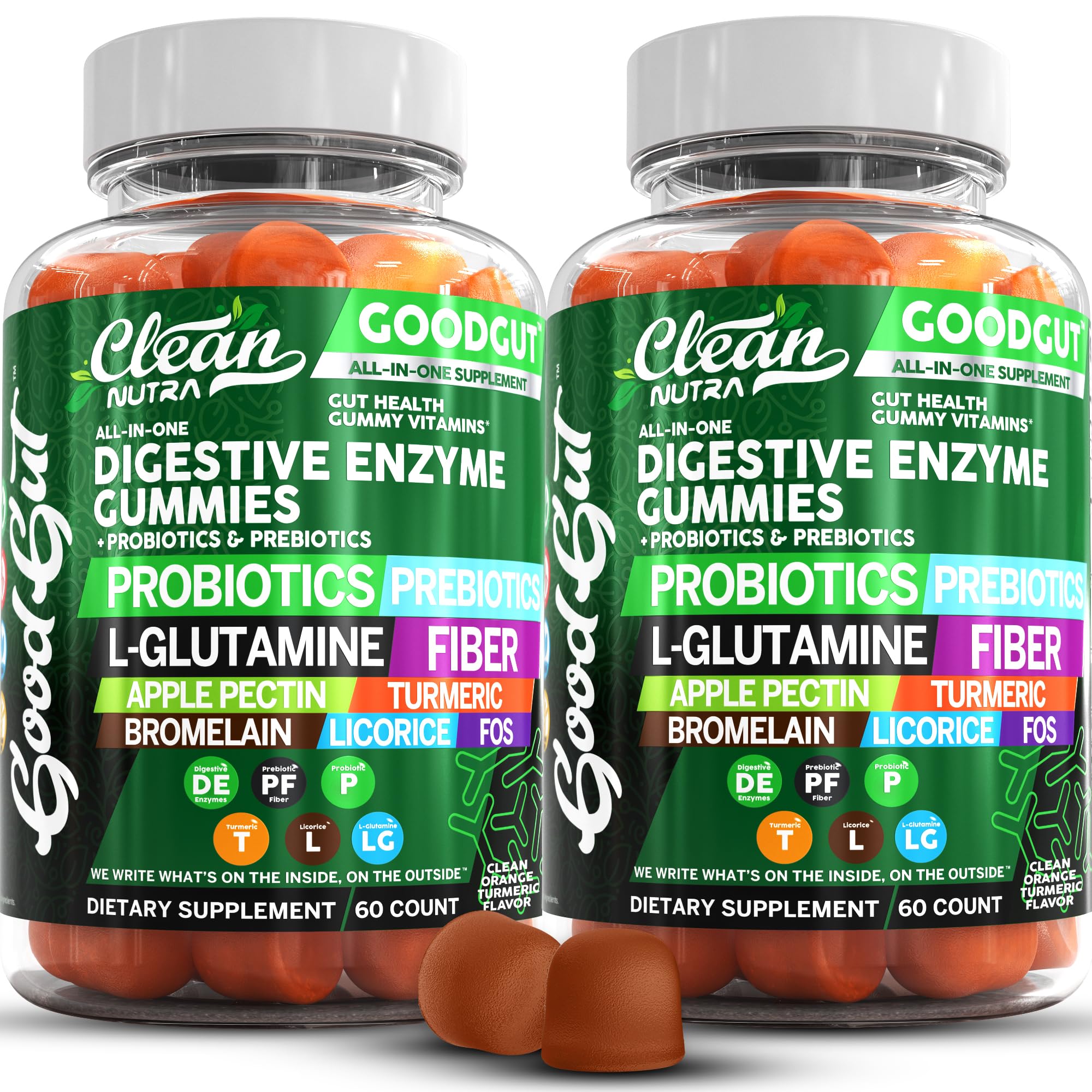 Clean Nutraceuticals envase frontal de gominolas veganas para digestión, conveniencia diaria