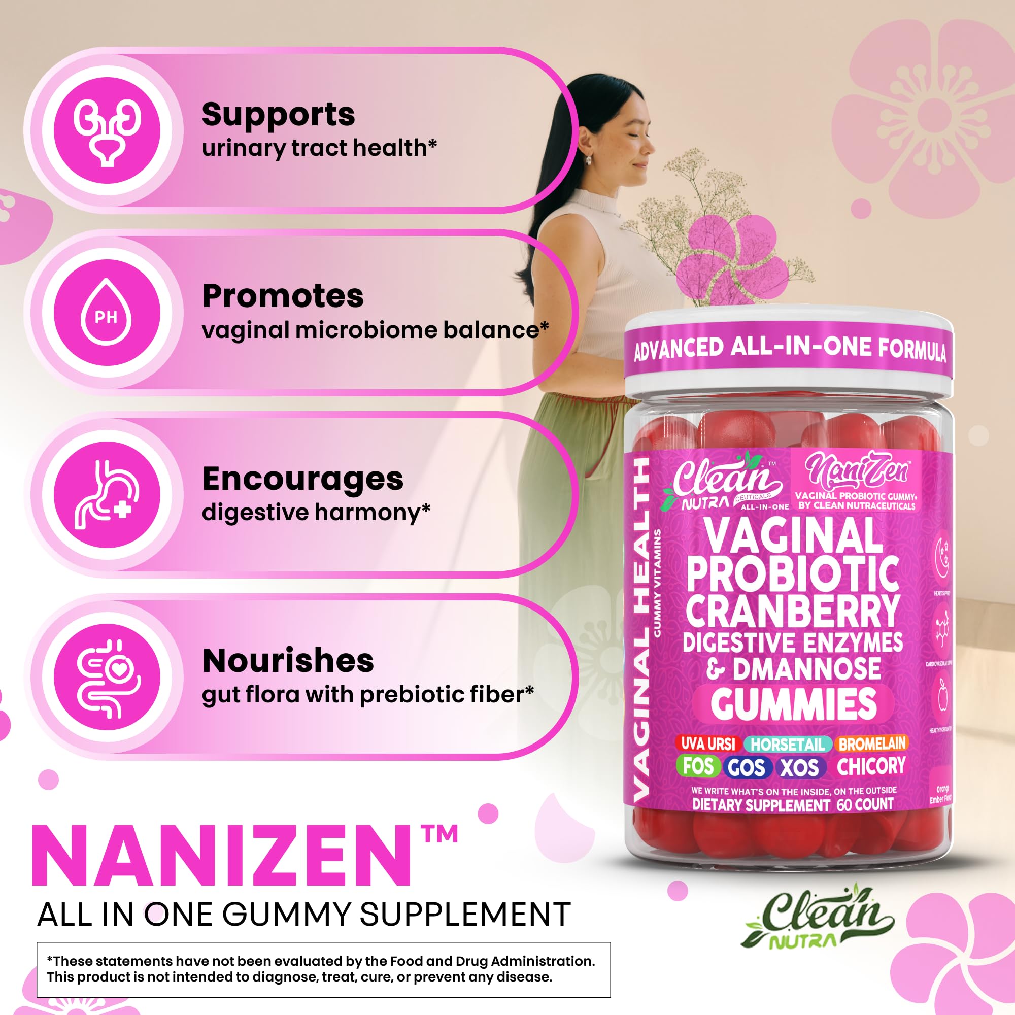 Clean Nutraceuticals gomitas esparcidas ilustrando dosis diaria fácil