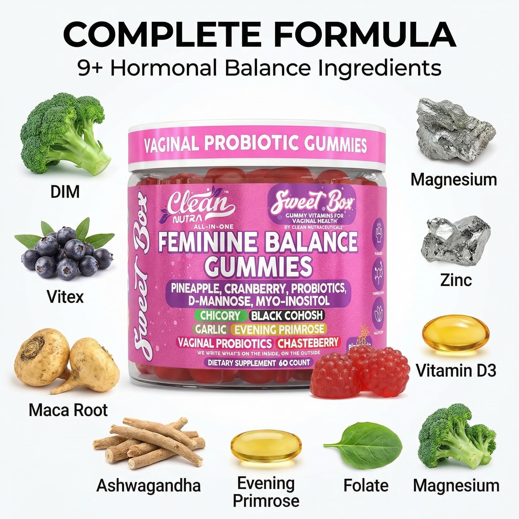 Gomitas Clean Nutraceuticals sobre hojas destacando ingredientes naturales