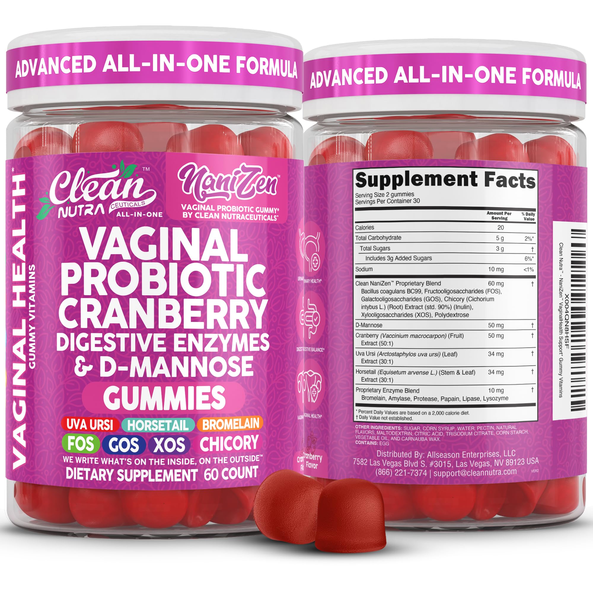Clean Nutraceuticals frasco frontal mostrando gomitas poma y conveniencia