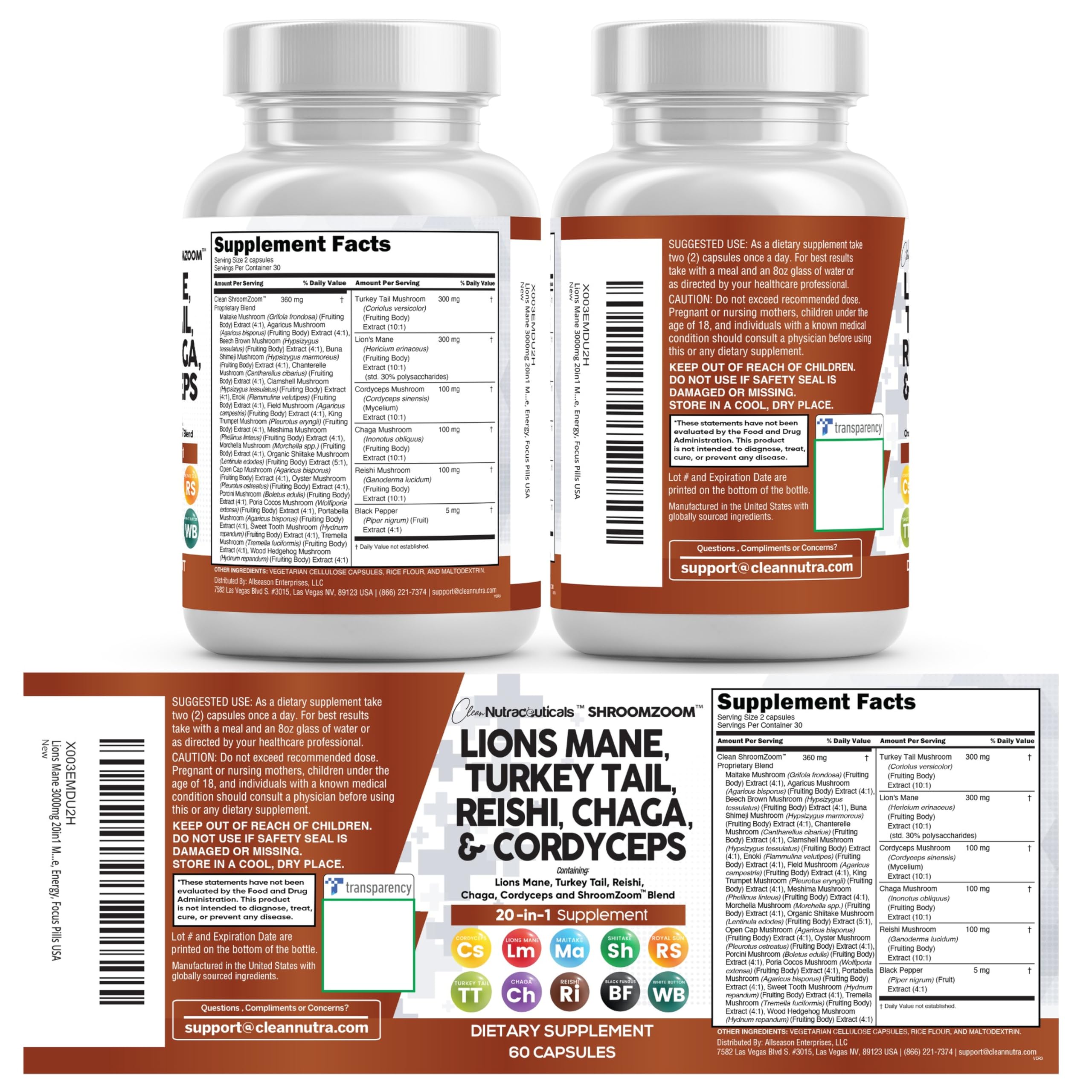 Clean Nutraceuticals variedad de hongos representativos usados en la fórmula, diversidad visible