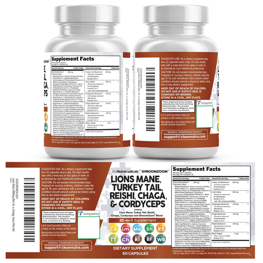 Clean Nutraceuticals variedad de hongos representativos usados en la fórmula, diversidad visible