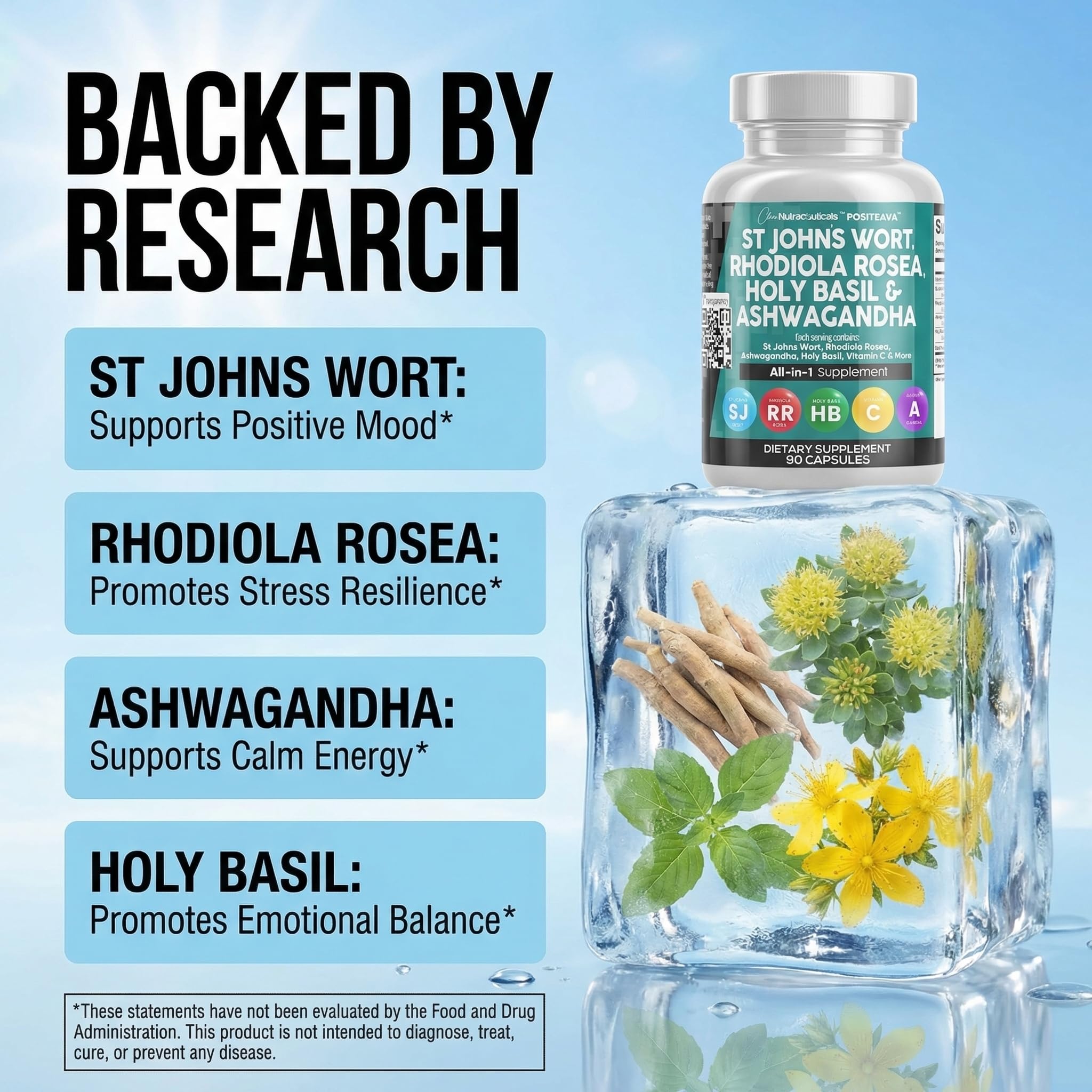 Composición de hierbas: St. John's Wort, Rhodiola, Ashwagandha y Tulsi por Clean Nutraceuticals