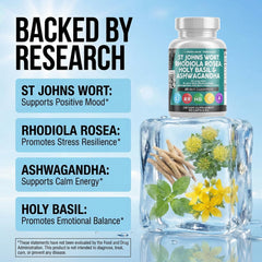 Composición de hierbas: St. John's Wort, Rhodiola, Ashwagandha y Tulsi por Clean Nutraceuticals