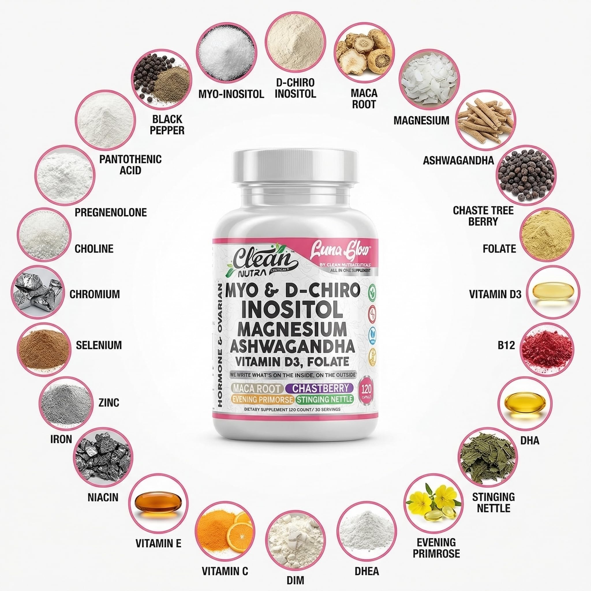 Clean Nutraceuticals etiqueta con lista de ingredientes y beneficios claros