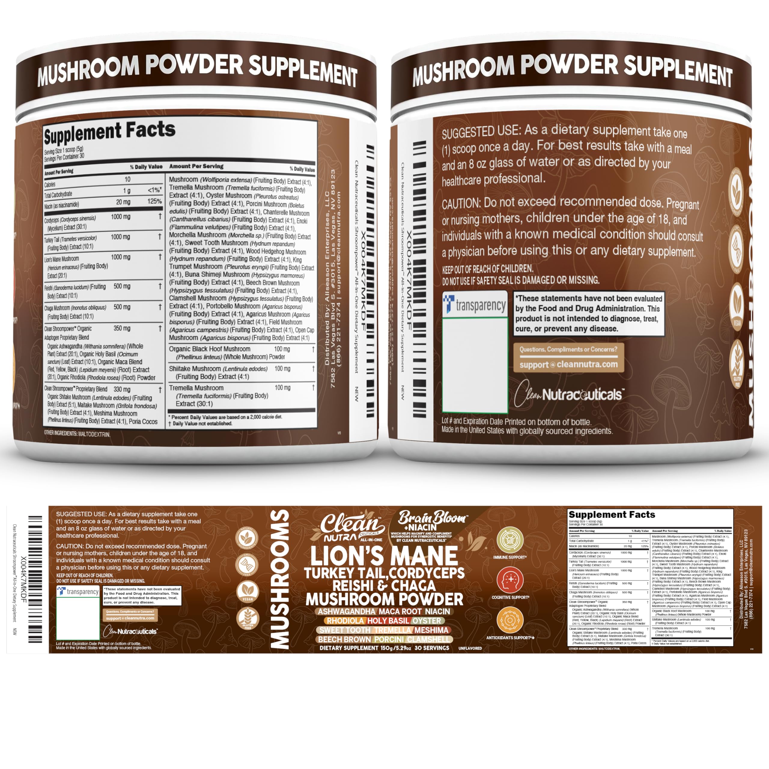 Composición de hongos y hierbas junto a Clean Nutraceuticals mostrando ingredientes clave