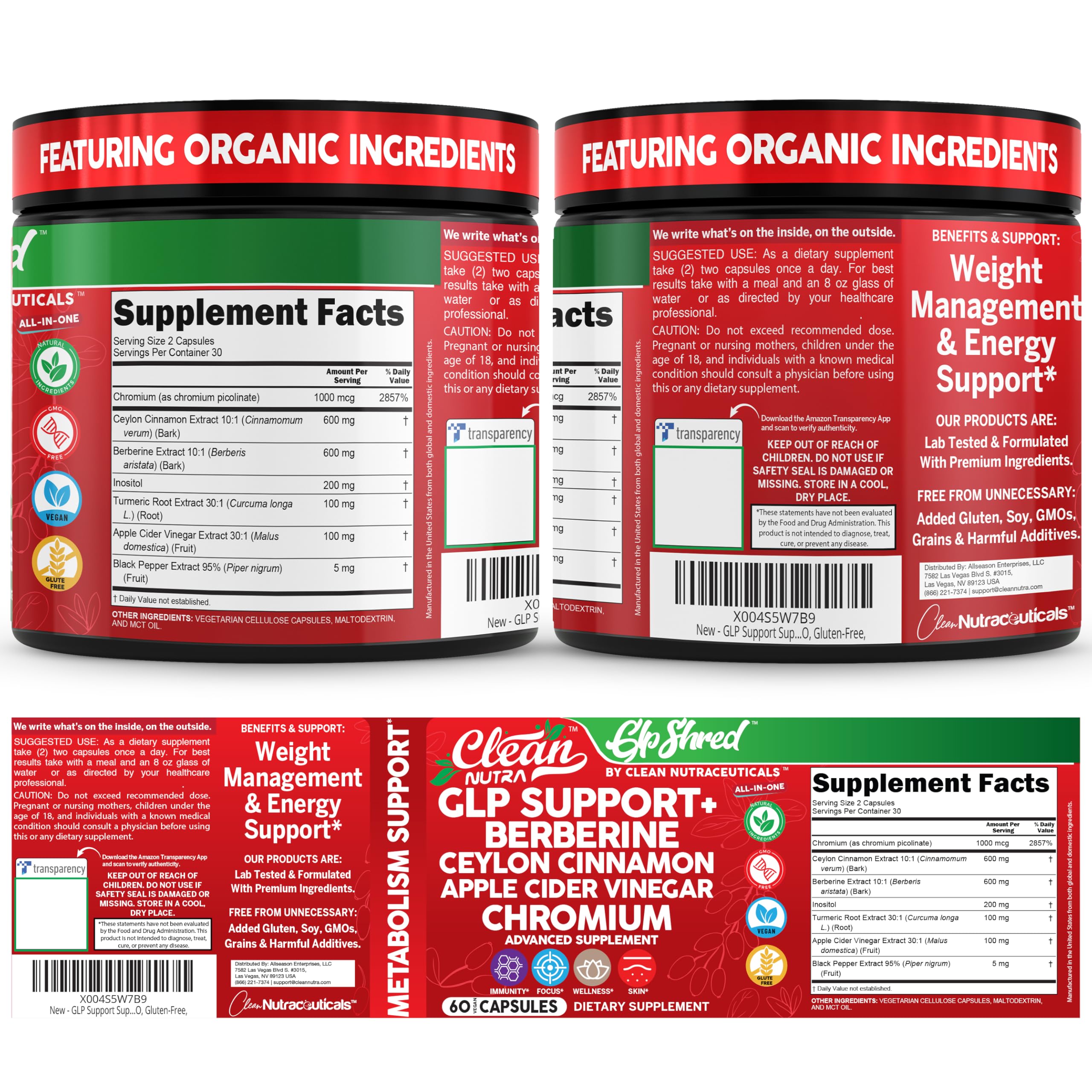 Clean Nutraceuticals ingredientes naturales (canela, cúrcuma, manzana) en fondo