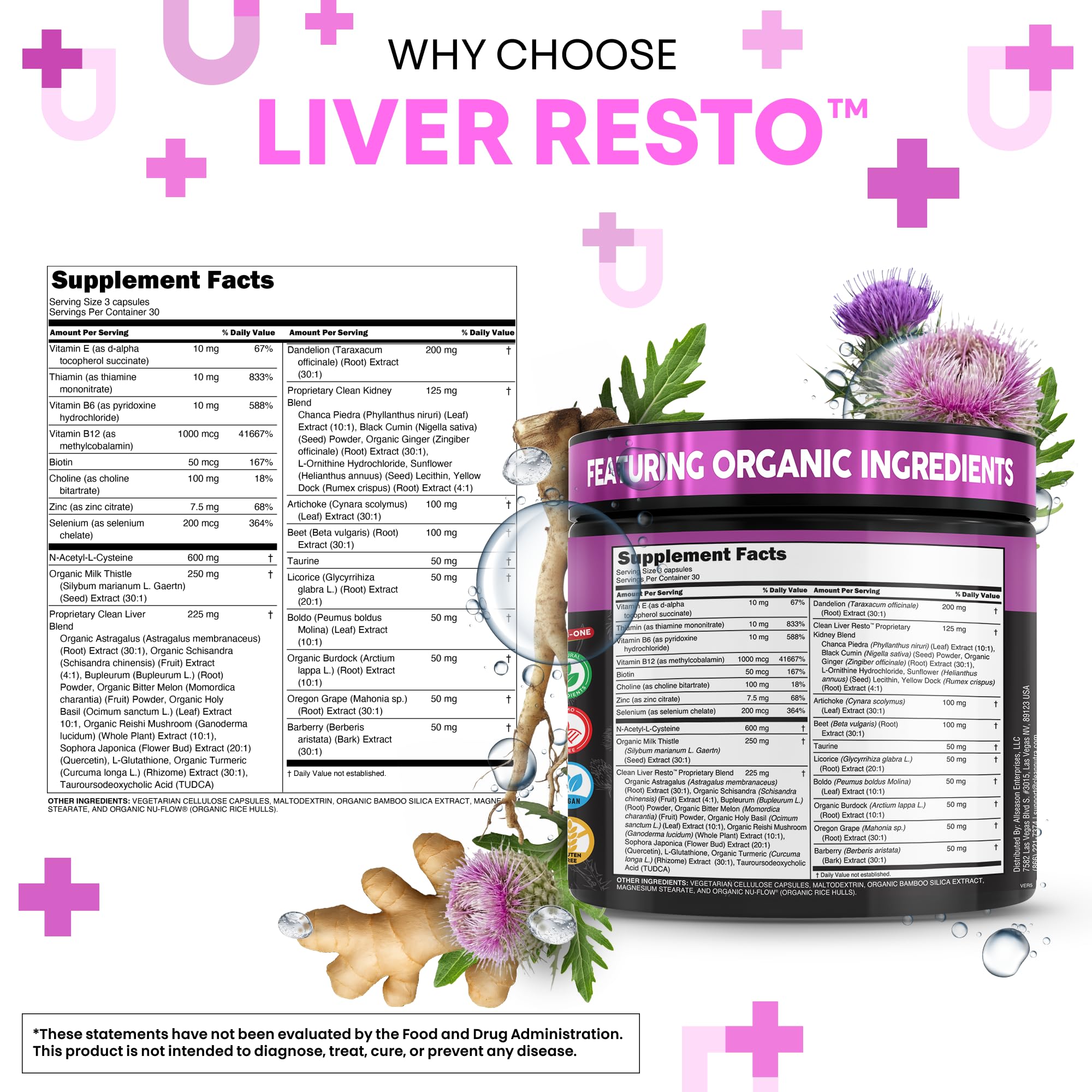Clean Nutraceuticals ingredientes dispuestos: cardo mariano, diente de león y remolacha