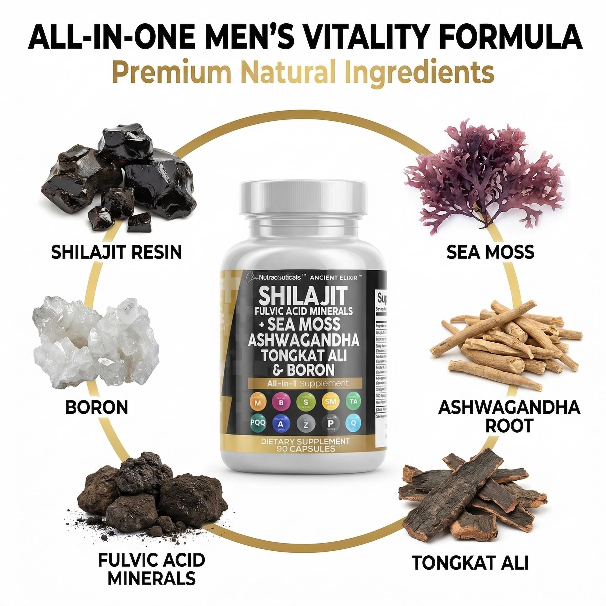 Ingrediente sea moss y shilajit junto a cápsulas Clean Nutraceuticals resaltando origen natural