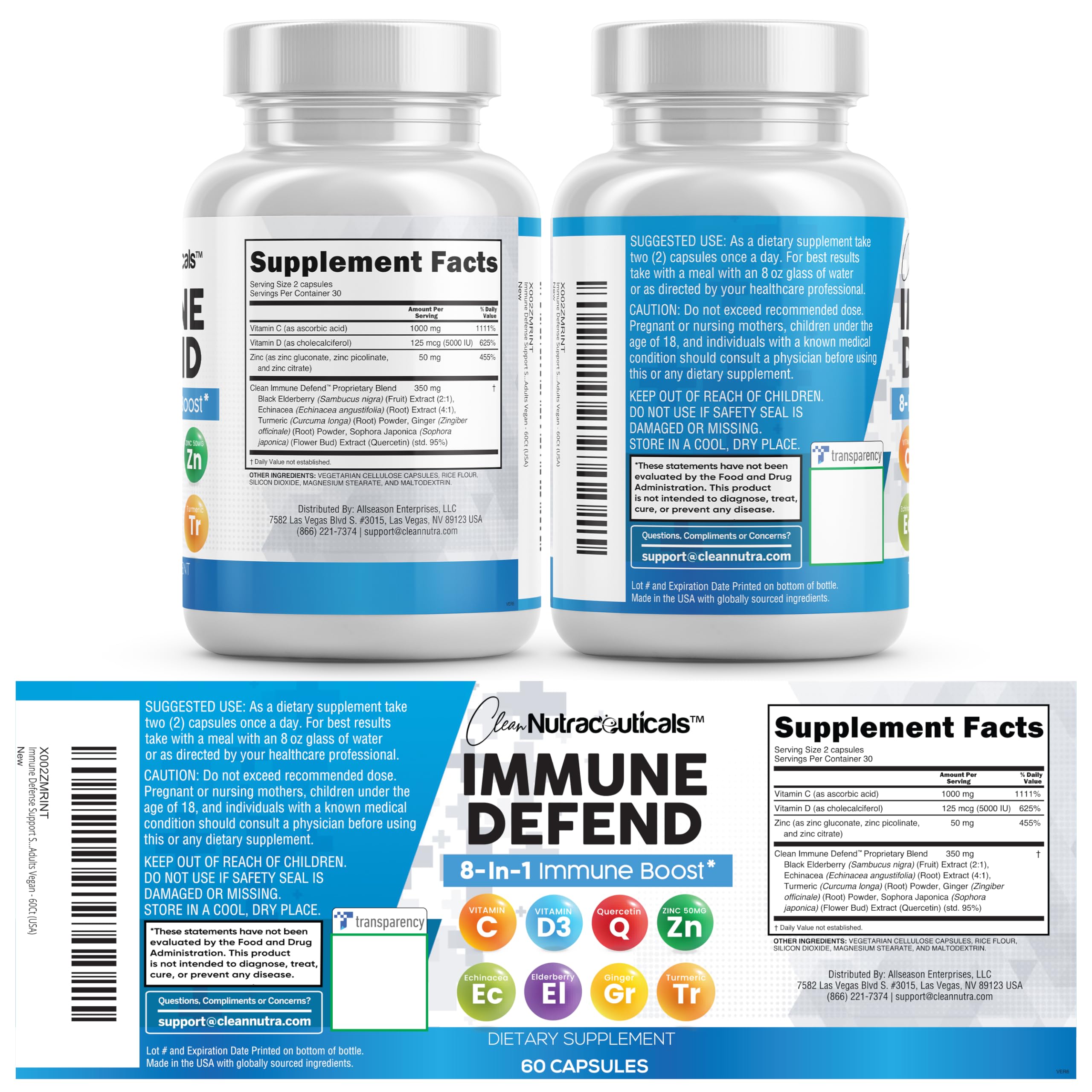 Clean Nutraceuticals listado de activos mostrando zinc, vitamina C y D3