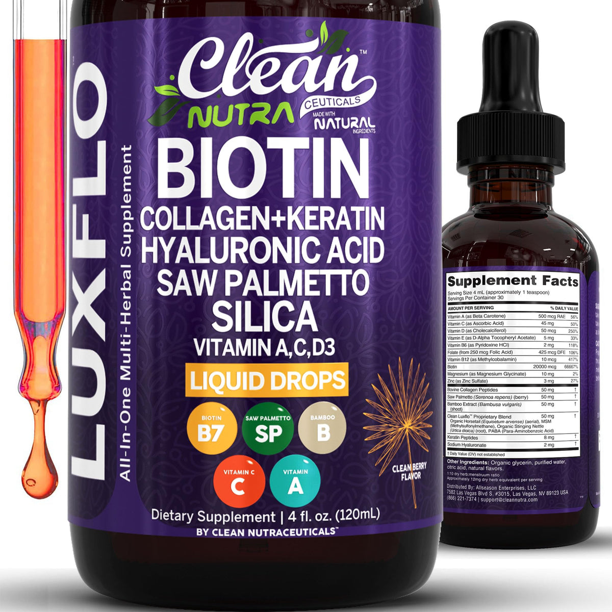Clean Nutraceuticals envase LuxFlo frente mostrando etiqueta clara y beneficios