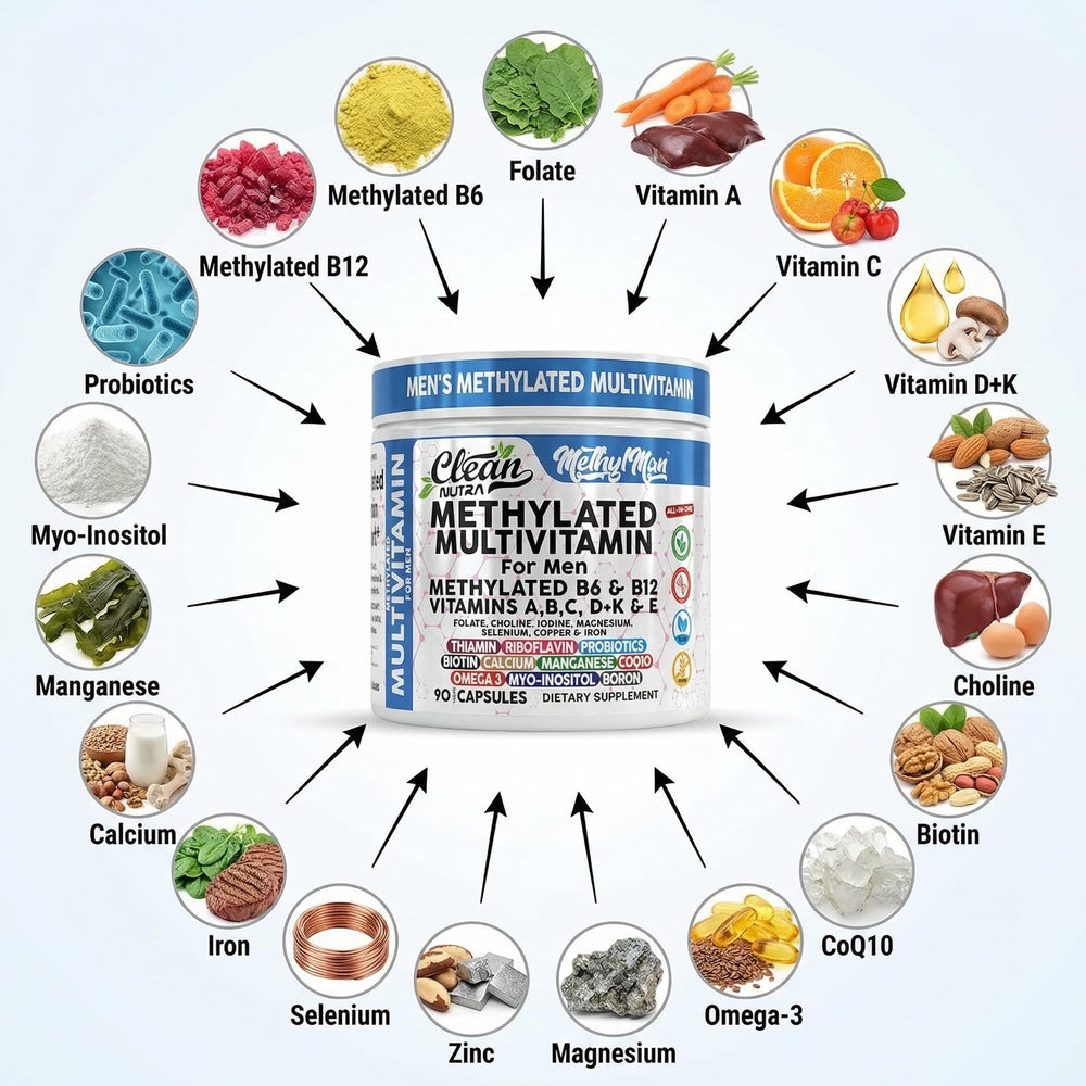 Clean Nutraceuticals ingredientes sobre mesa, muestra beneficios integrales