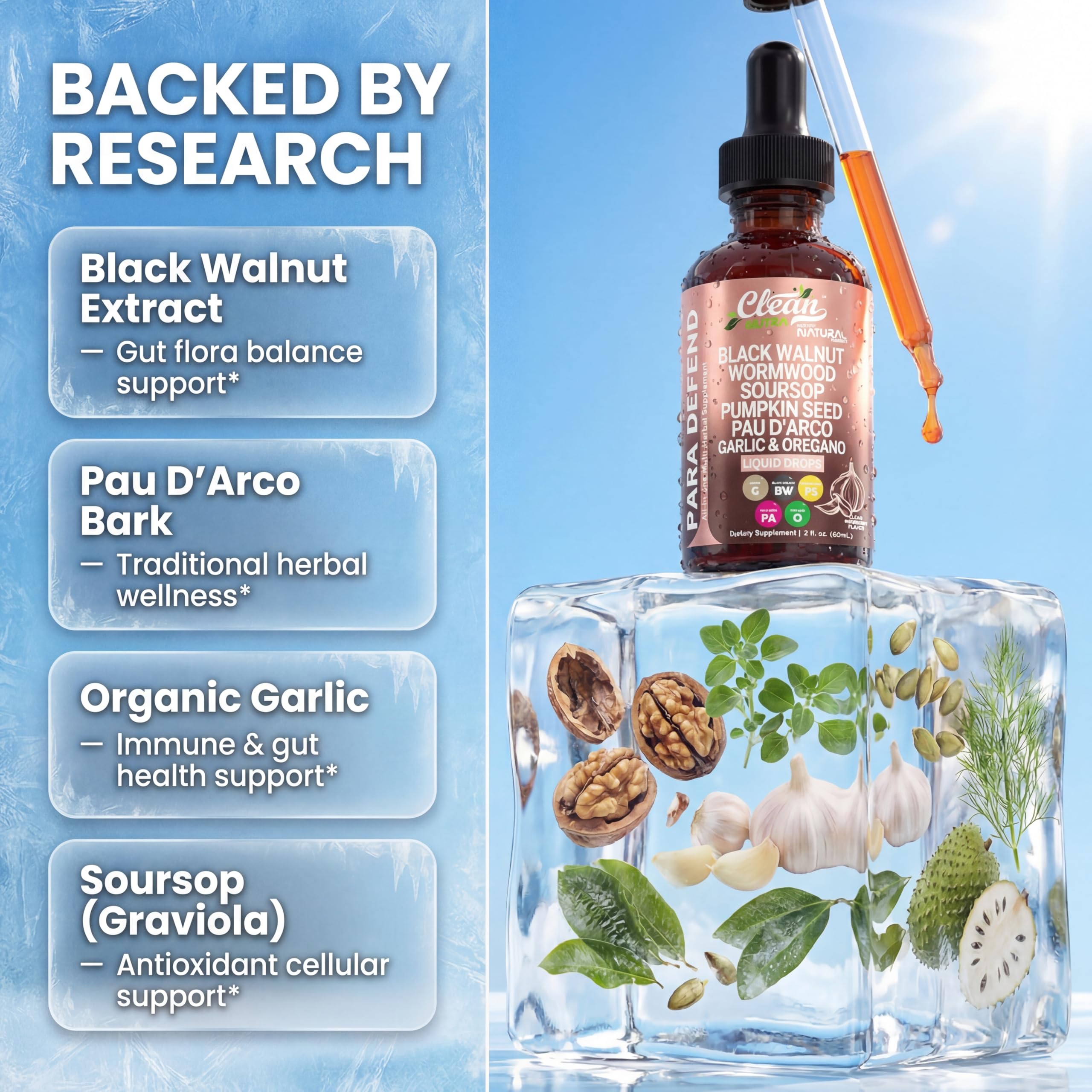 Clean Nutraceuticals gotas en manos mostrando textura líquida y fácil absorción