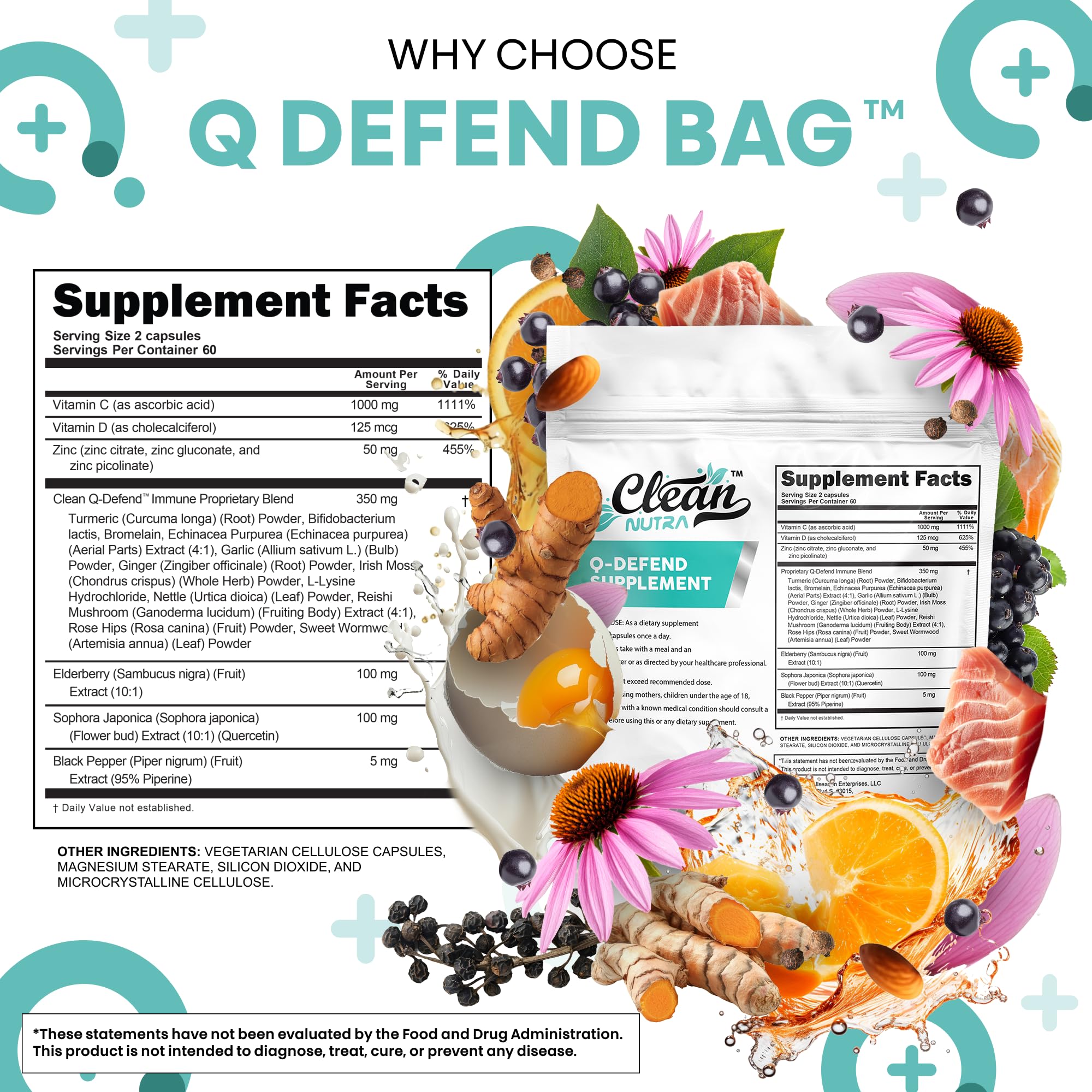 Clean Nutraceuticals dos cápsulas Q Defend en mano para comparar tamaño y dosificación