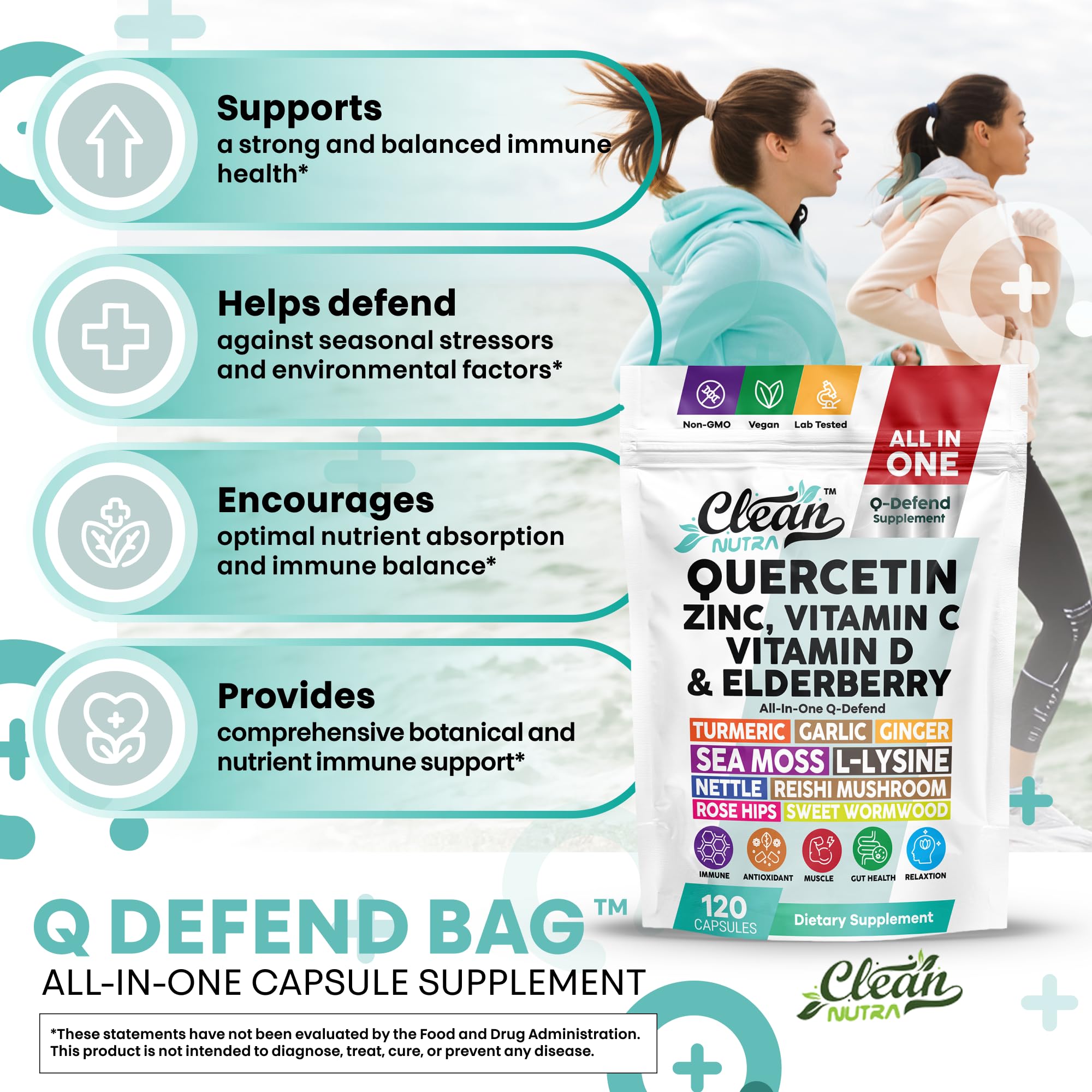 Clean Nutraceuticals mezcla de saúco, cúrcuma y reishi que aparecen en Q Defend