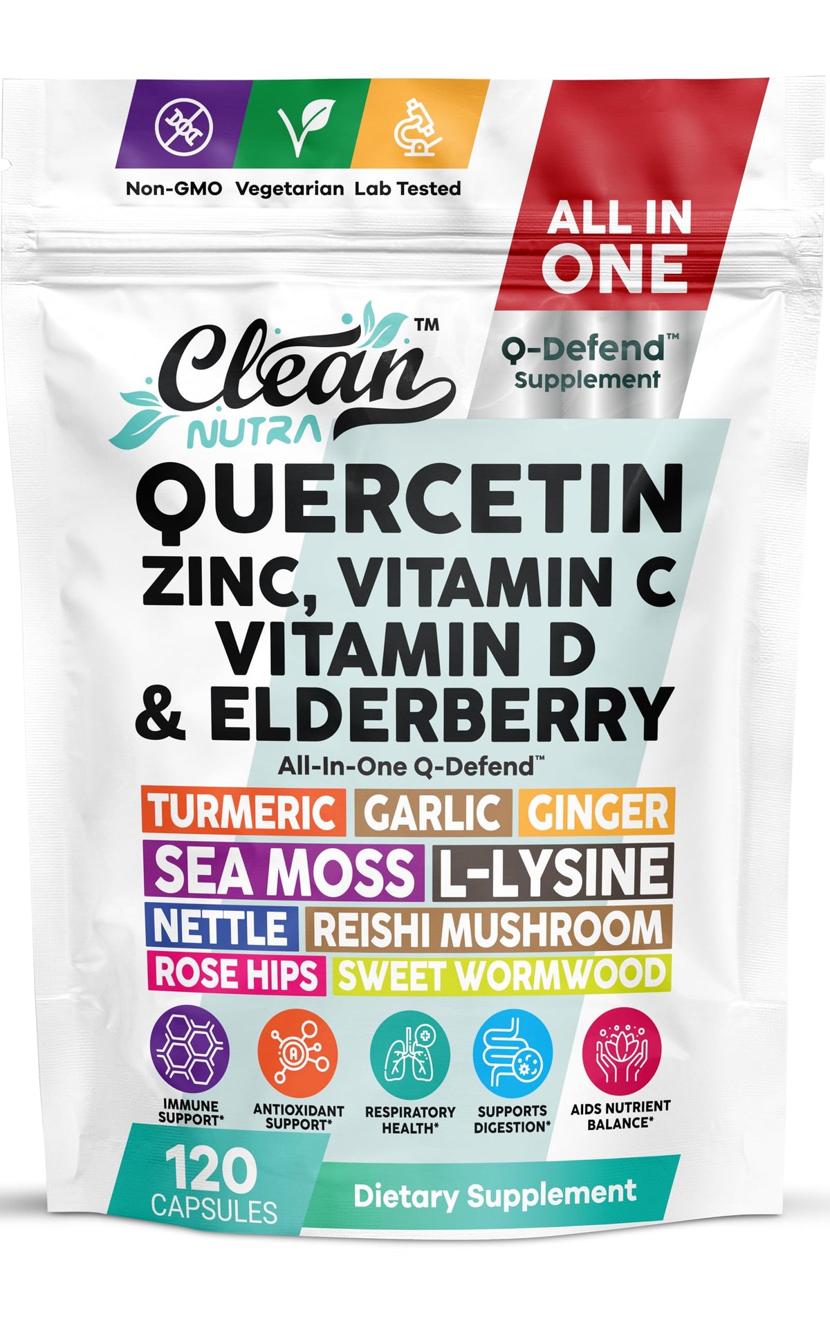 Clean Nutraceuticals frasco Q Defend frontal mostrando presentación y beneficio práctico