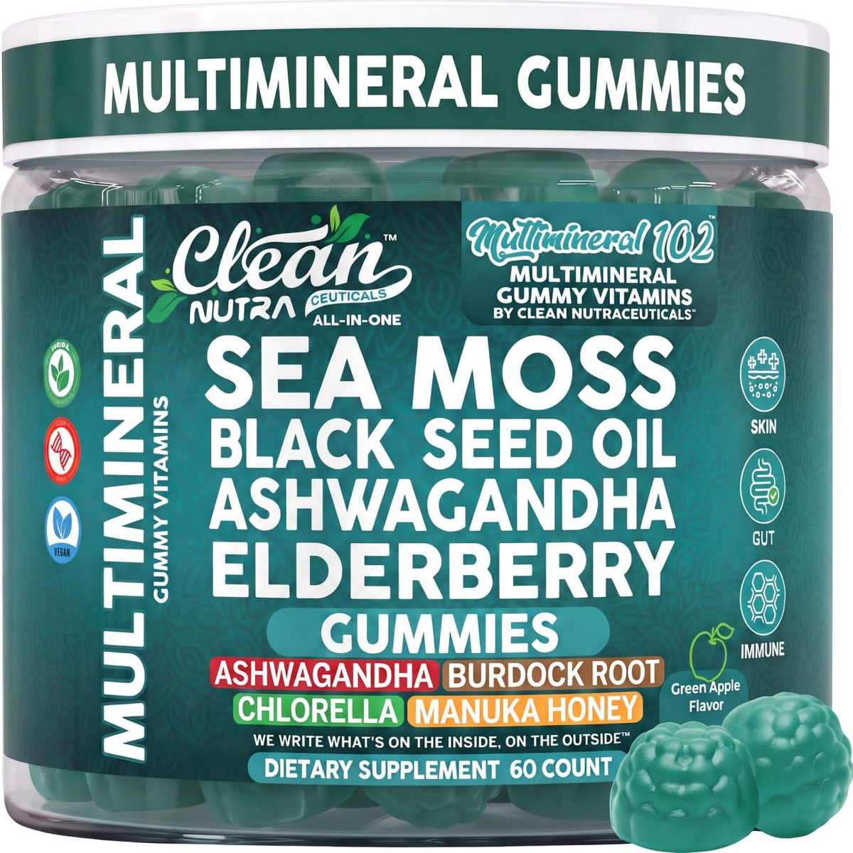 Clean Nutraceuticals gomitas frontal con envase, fácil identificación y conveniencia