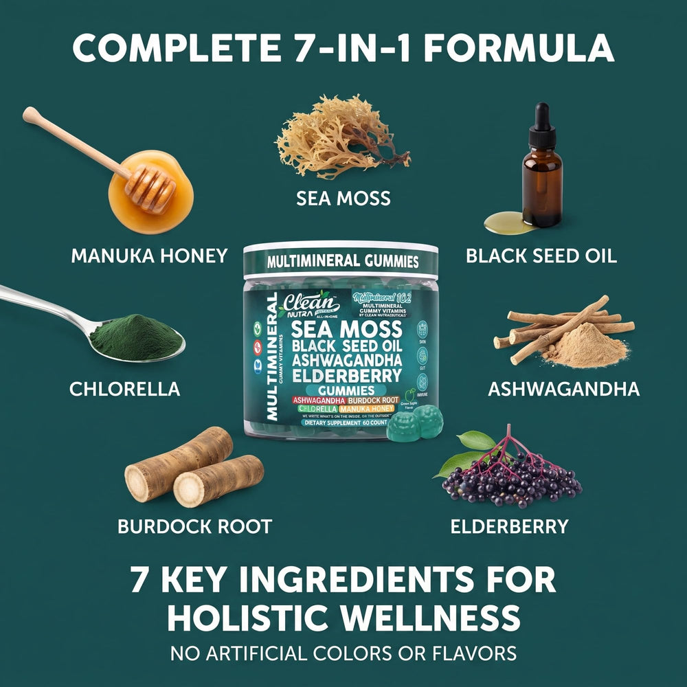 Ingredientes secos: sea moss, ashwagandha y chlorella cerca del frasco Clean Nutraceuticals