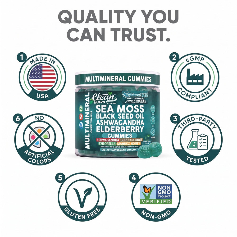 Frasco de Clean Nutraceuticals sobre mesa junto a frutas verdes mostrando producto listo
