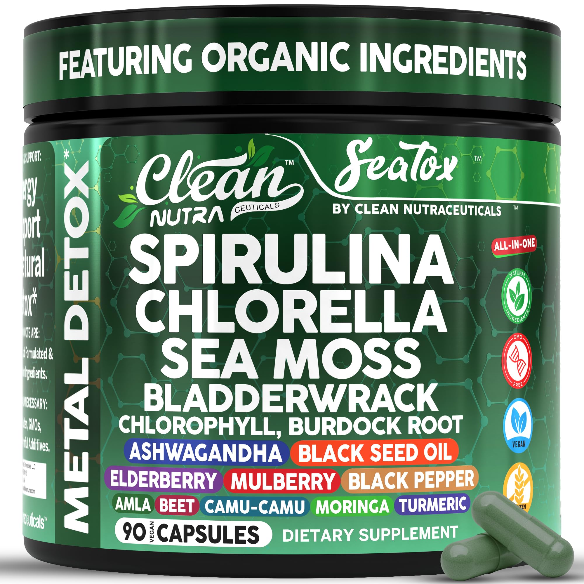 Clean Nutraceuticals frasco Sea Tox mostrando etiqueta y beneficio nutricional