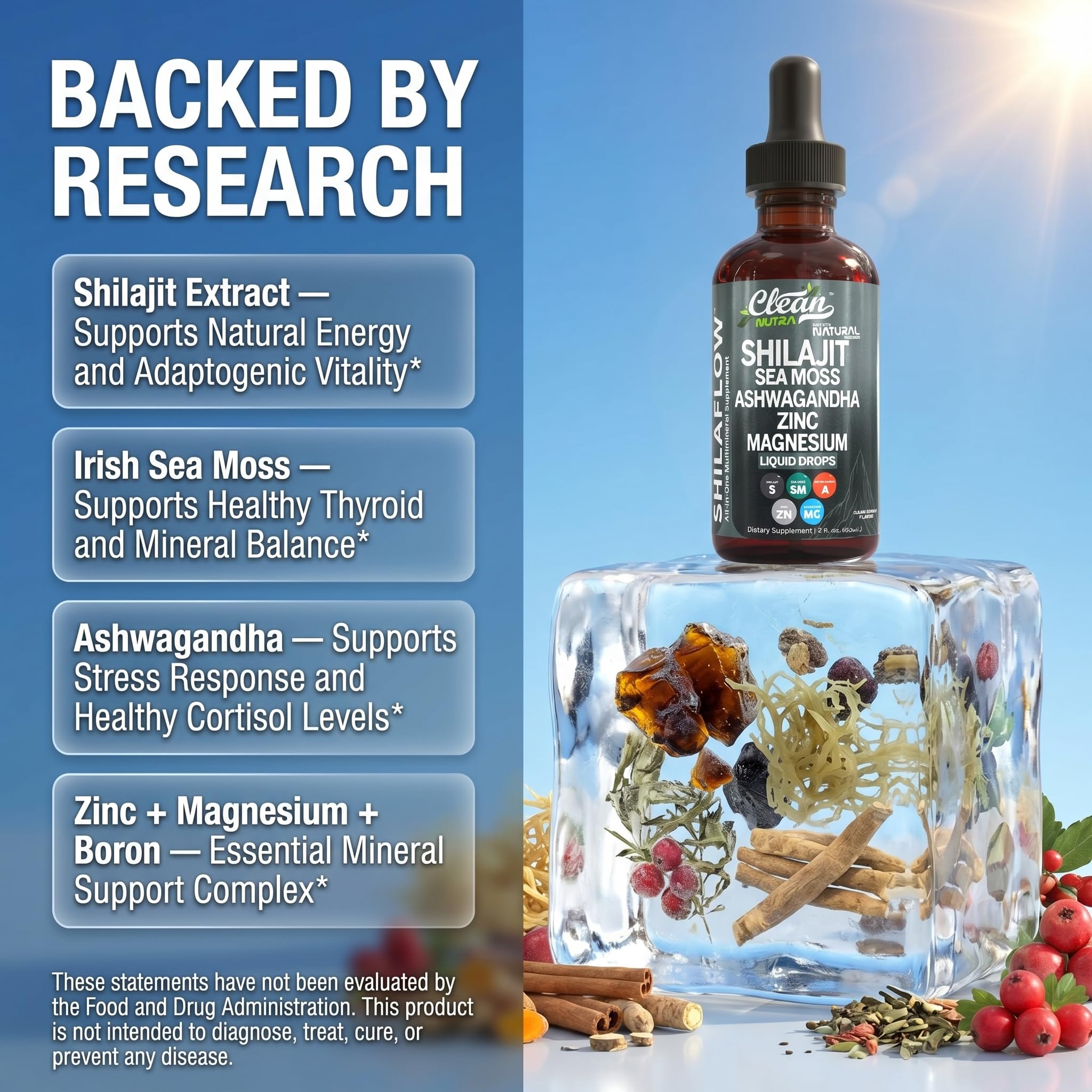 Clean Nutraceuticals gotas en primer plano mostrando textura líquida absorbible