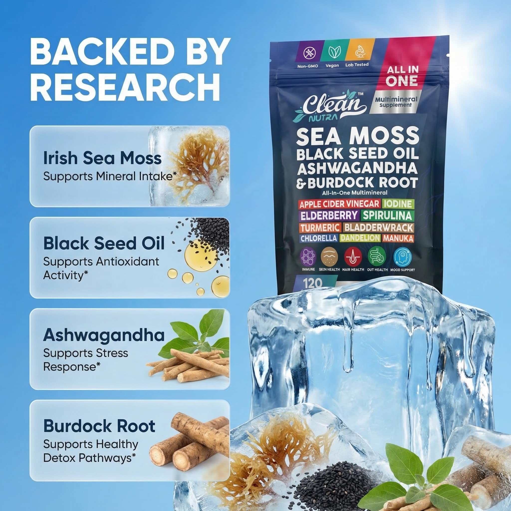 Clean Nutraceuticals polvo de sea moss mostrando textura natural y origen wildcrafted