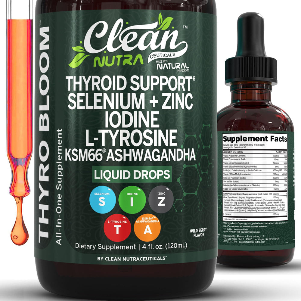Clean Nutraceuticals botella frontal mostrando ThyroBloom y ventaja de dosificación