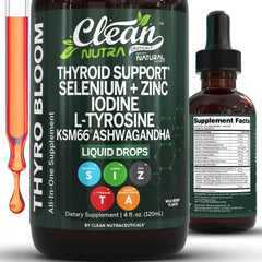 Clean Nutraceuticals botella frontal mostrando ThyroBloom y ventaja de dosificación