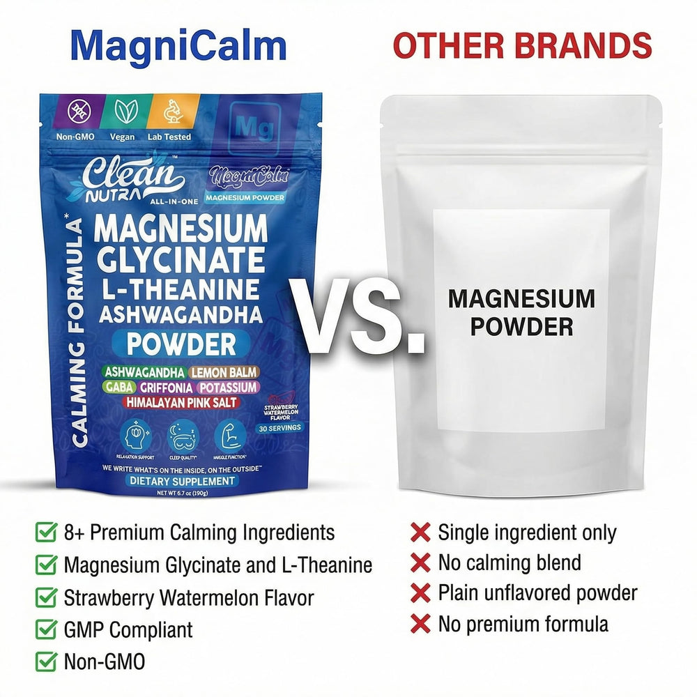 Clean Nutraceuticals vaso en mesa de noche que sugiere uso nocturno relajante