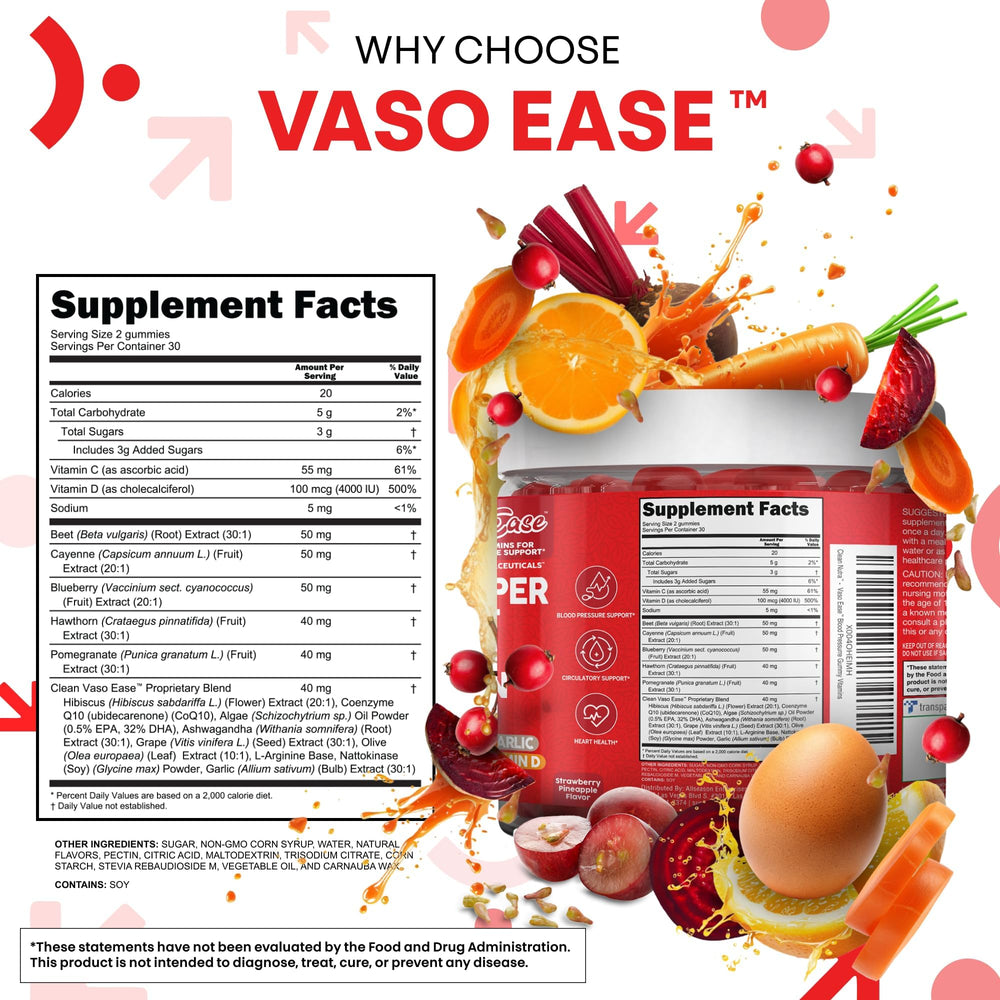 Etiqueta nutricional de VasoEase Clean Nutraceuticals resaltando ingredientes y pureza