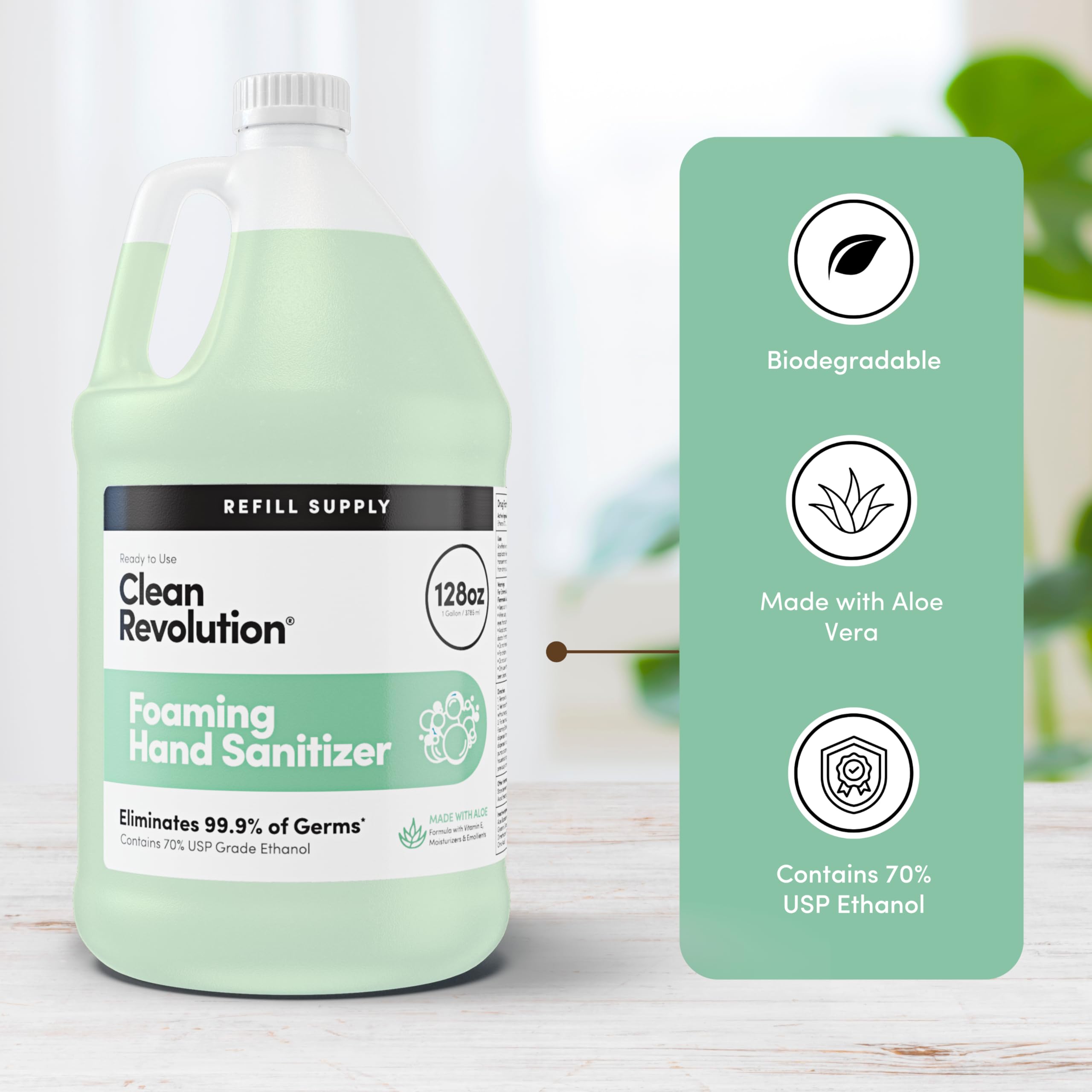 Clean Revolution etiqueta que destaca 70% etanol USP y seguridad